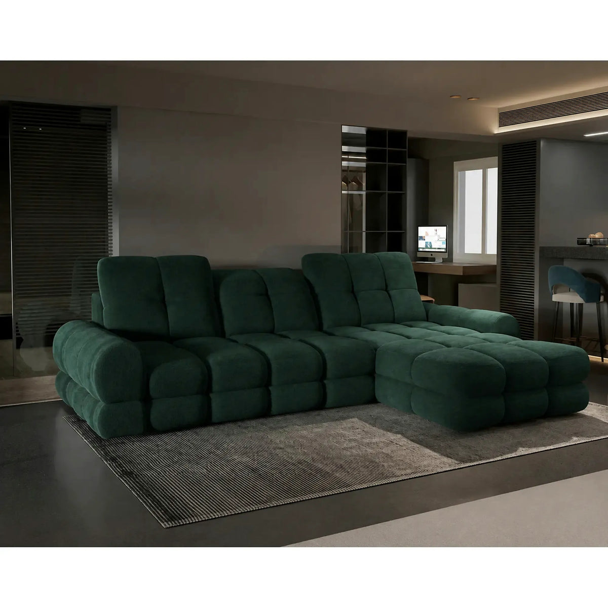 Coltar extensibil confortabil TOLLO MINI, sezlong dreapta, stofa catifelata verde inchis - Element 12, cu lada depozitare si reglaj electric, 283x171x105 cm