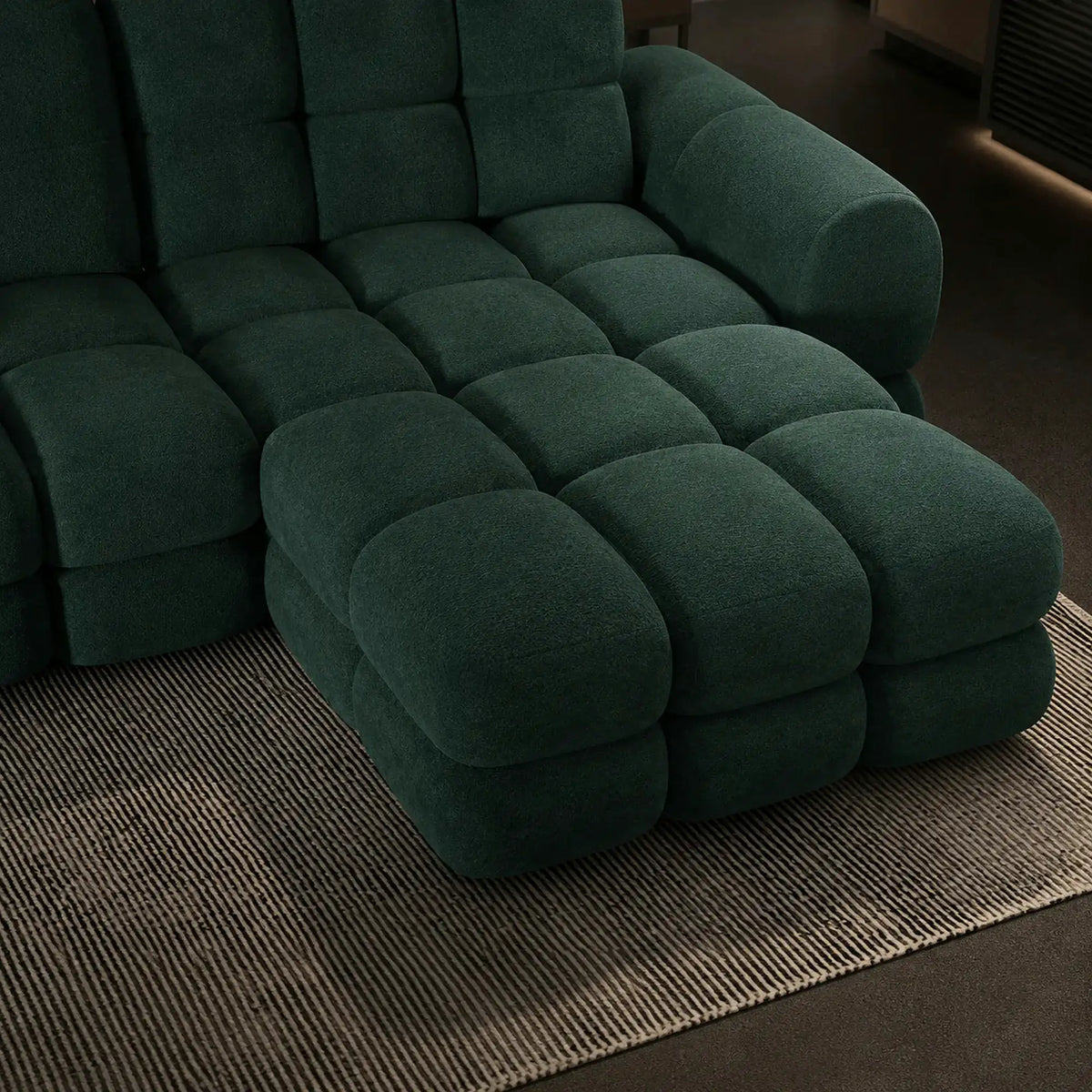 Coltar extensibil confortabil TOLLO MINI, sezlong dreapta, stofa catifelata verde inchis - Element 12, cu lada depozitare si reglaj electric, 283x171x105 cm