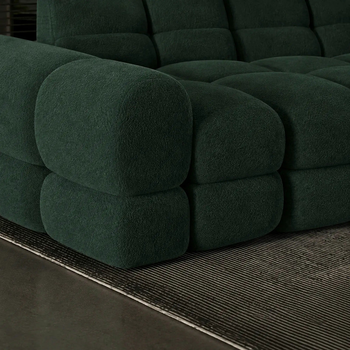 Coltar extensibil confortabil TOLLO MINI, sezlong dreapta, stofa catifelata verde inchis - Element 12, cu lada depozitare si reglaj electric, 283x171x105 cm