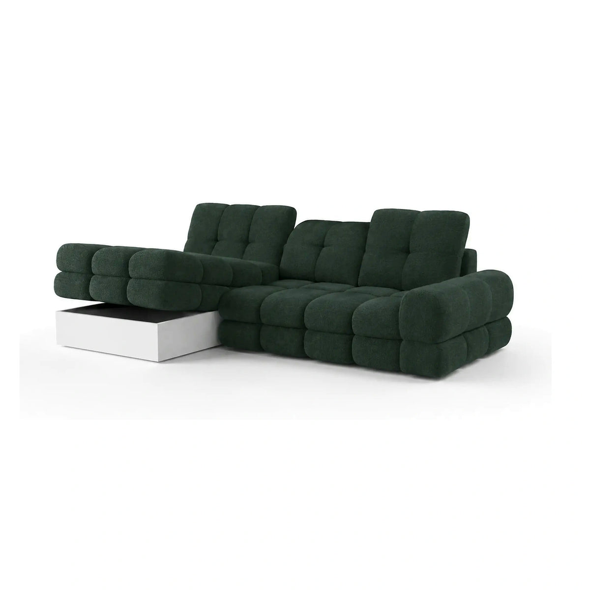 Coltar extensibil confortabil TOLLO MINI, sezlong dreapta, stofa catifelata verde inchis - Element 12, cu lada depozitare si reglaj electric, 283x171x105 cm