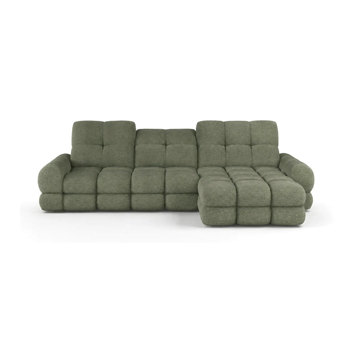 Coltar extensibil confortabil TOLLO MINI, sezlong dreapta, stofa catifelata verde - Shanghai 07, cu lada depozitare si reglaj electric, 283x171x105 cm
