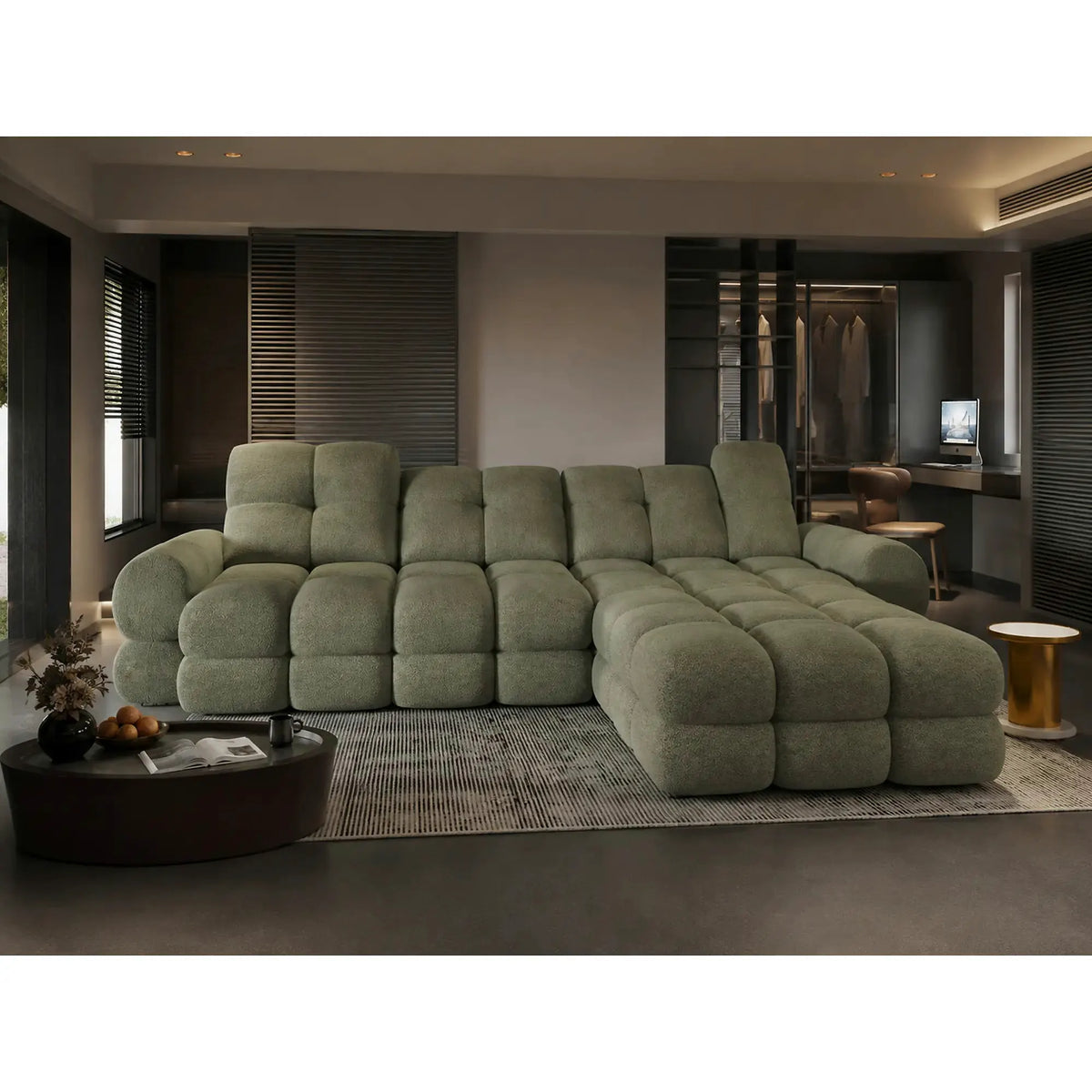Coltar extensibil confortabil TOLLO MINI, sezlong dreapta, stofa catifelata verde - Shanghai 07, cu lada depozitare si reglaj electric, 283x171x105 cm