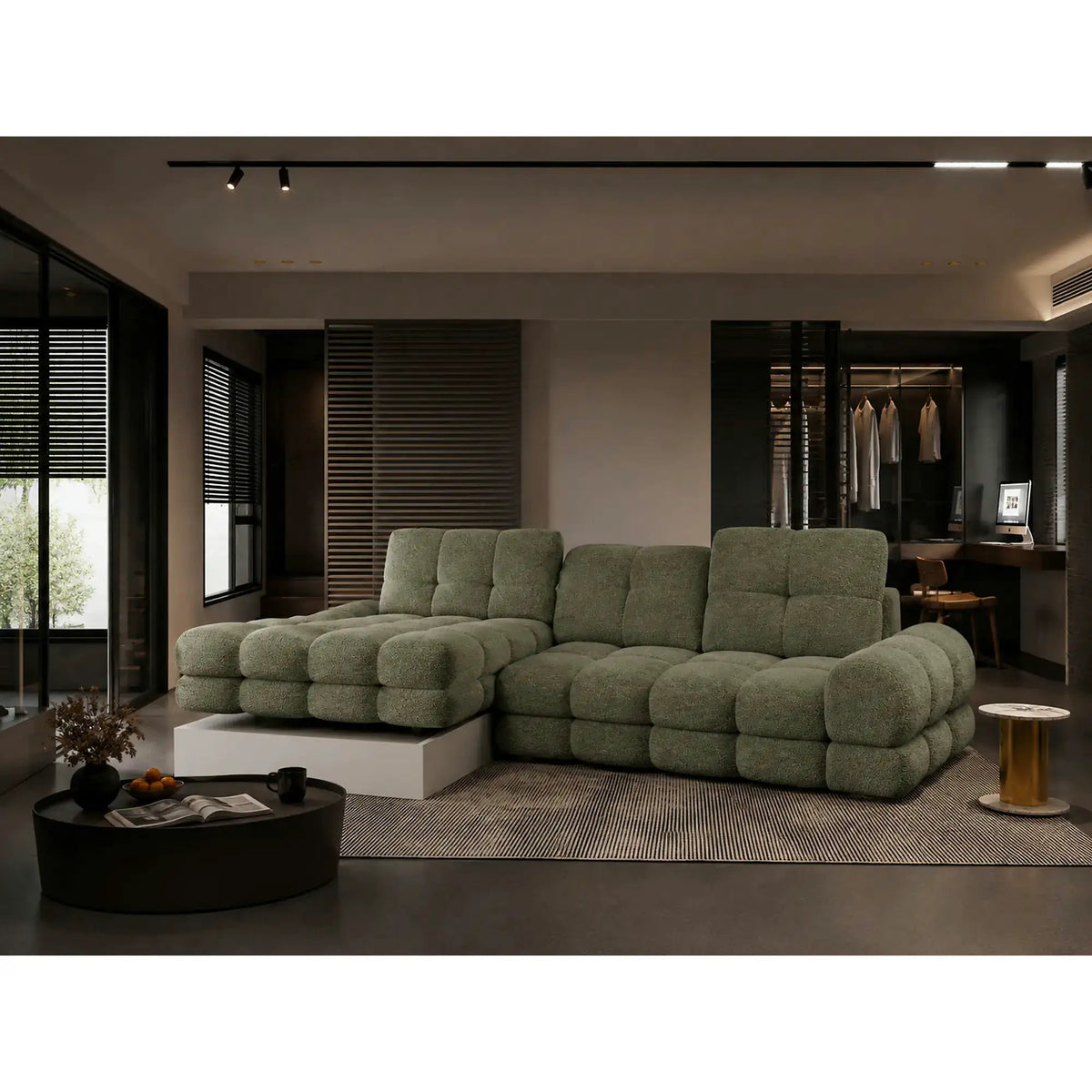 Coltar extensibil confortabil TOLLO MINI, sezlong dreapta, stofa catifelata verde - Shanghai 07, cu lada depozitare si reglaj electric, 283x171x105 cm
