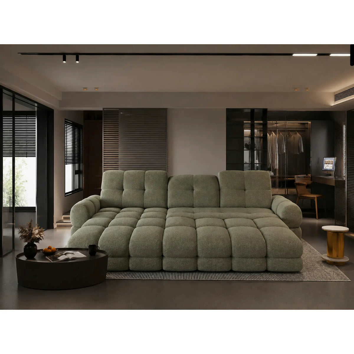 Coltar extensibil confortabil TOLLO MINI, sezlong dreapta, stofa catifelata verde - Shanghai 07, cu lada depozitare si reglaj electric, 283x171x105 cm