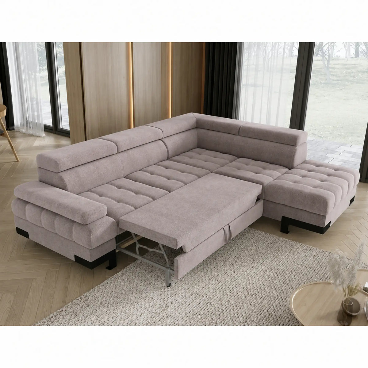 Coltar extensibil cu lada SELVA L, sezlong dreapta, stofa catifelata bej - Whisper 03, tetiere reglabile, 263x223x95 cm