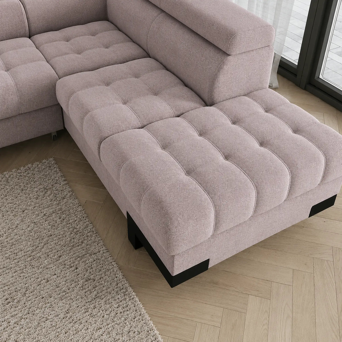 Coltar extensibil cu lada SELVA L, sezlong dreapta, stofa catifelata bej - Whisper 03, tetiere reglabile, 263x223x95 cm