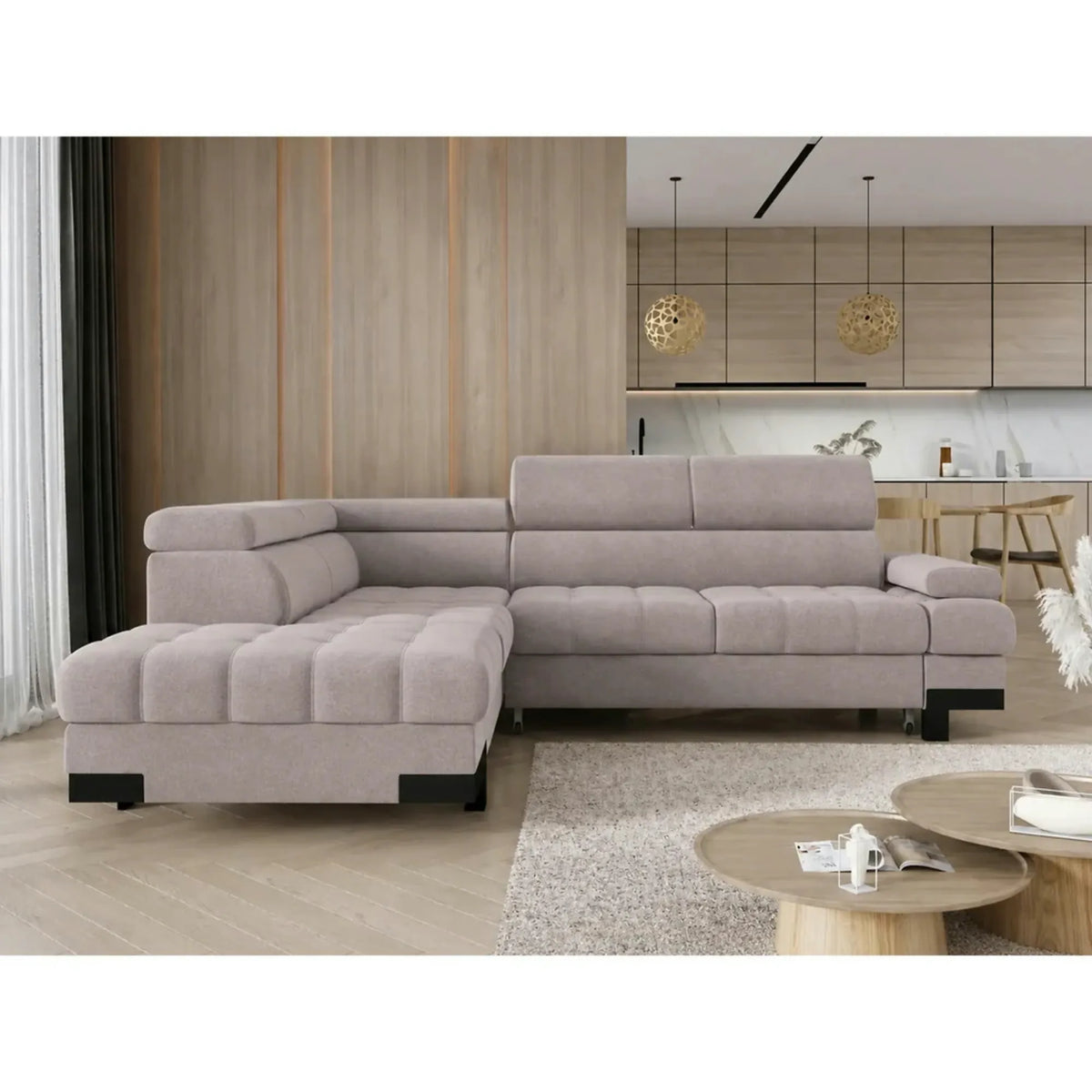 Coltar extensibil cu lada SELVA L, sezlong stanga, stofa catifelata bej - Whisper 03, tetiere reglabile,  263x223x95 cm