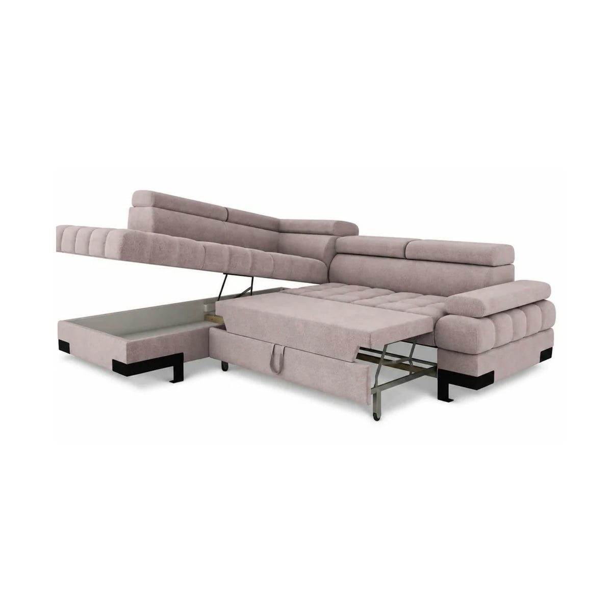 Coltar extensibil cu lada SELVA L, sezlong stanga, stofa catifelata bej - Whisper 03, tetiere reglabile,  263x223x95 cm