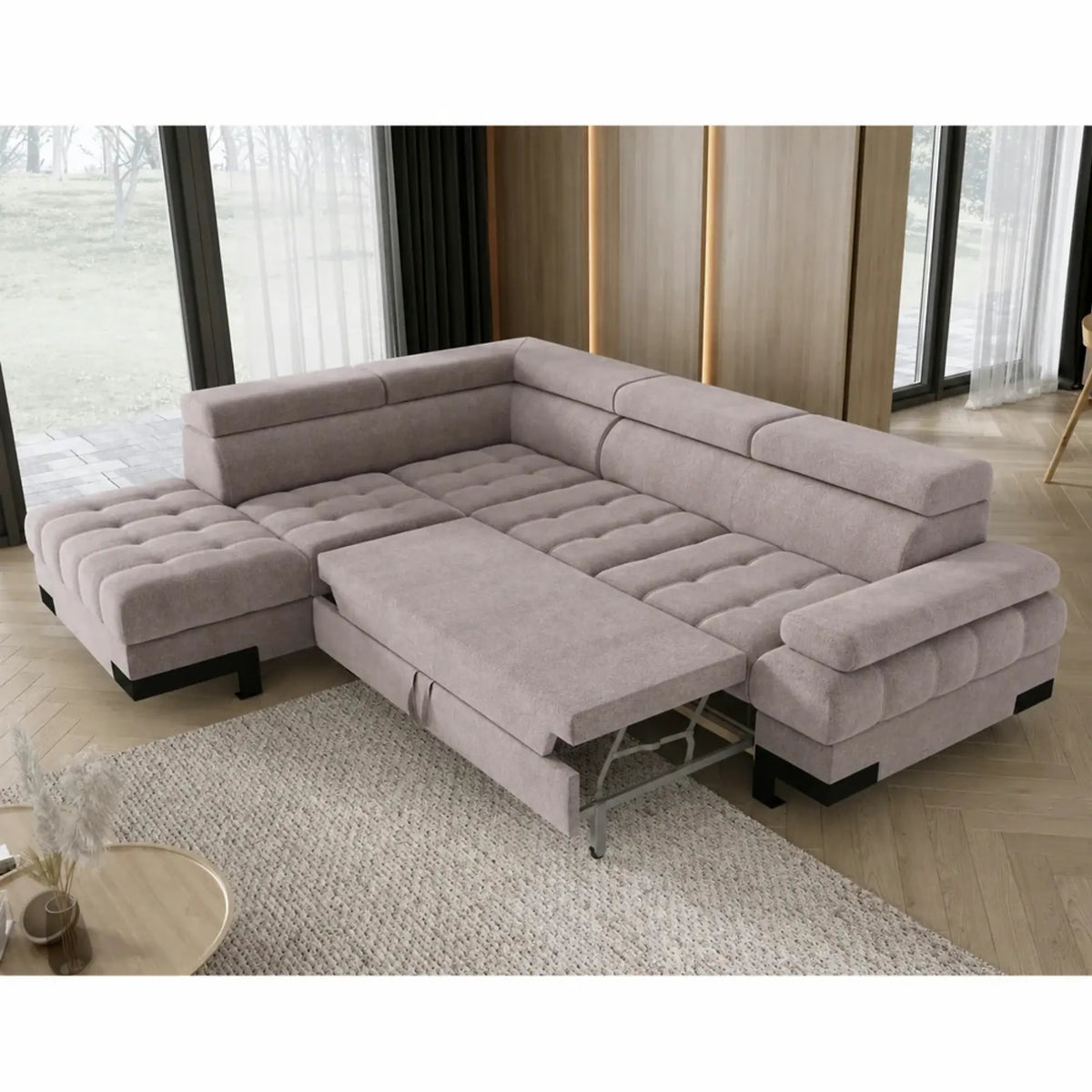 Coltar extensibil cu lada SELVA L, sezlong stanga, stofa catifelata bej - Whisper 03, tetiere reglabile,  263x223x95 cm