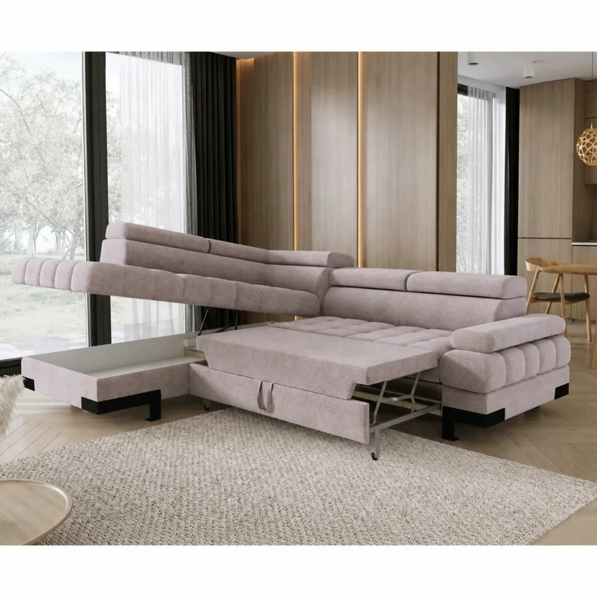 Coltar extensibil cu lada SELVA L, sezlong stanga, stofa catifelata bej - Whisper 03, tetiere reglabile,  263x223x95 cm