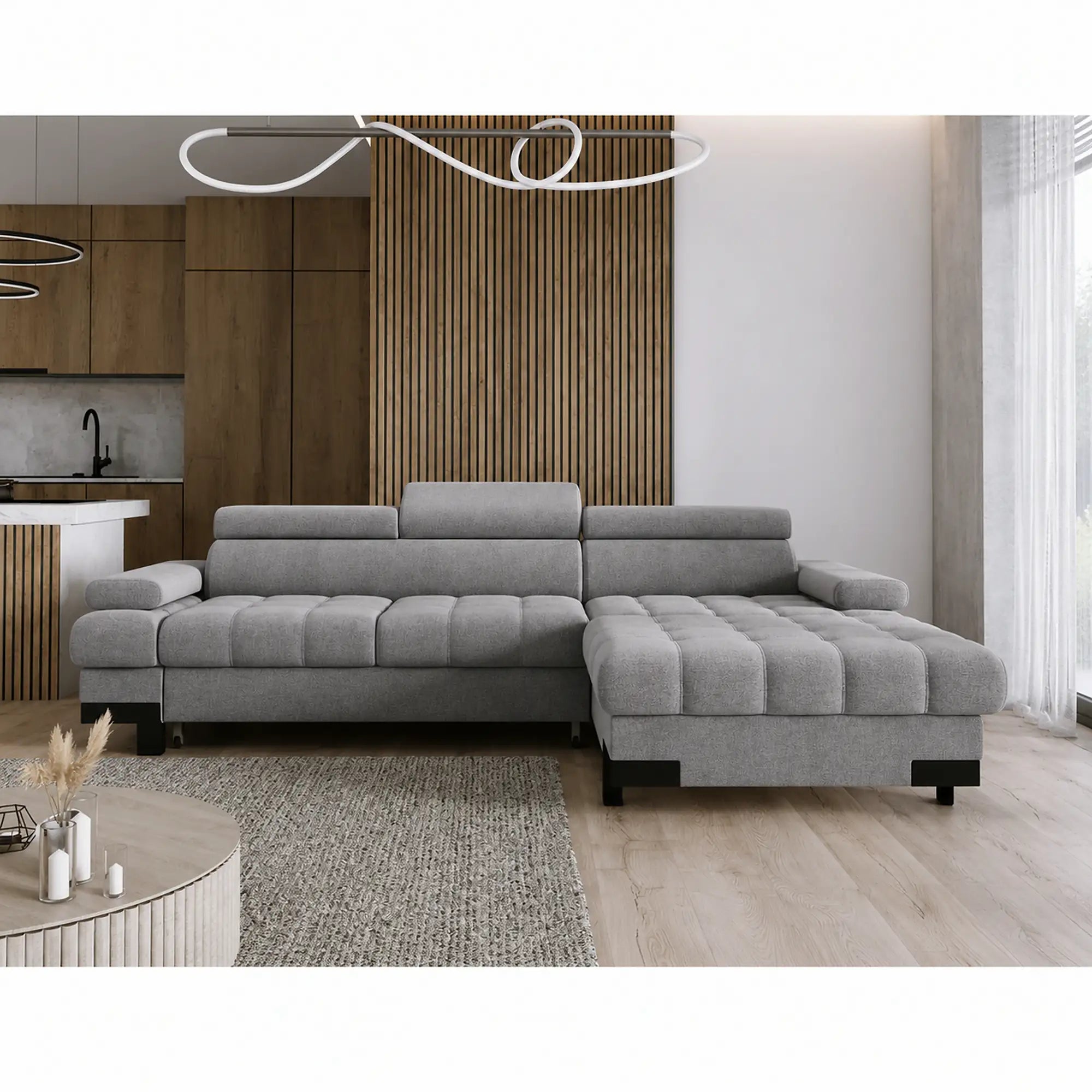 Coltar extensibil cu lada SELVA MINI, sezlong dreapta, stofa catifelata gri - Palladium 15, tetiere reglabile, 270x173x95 cm