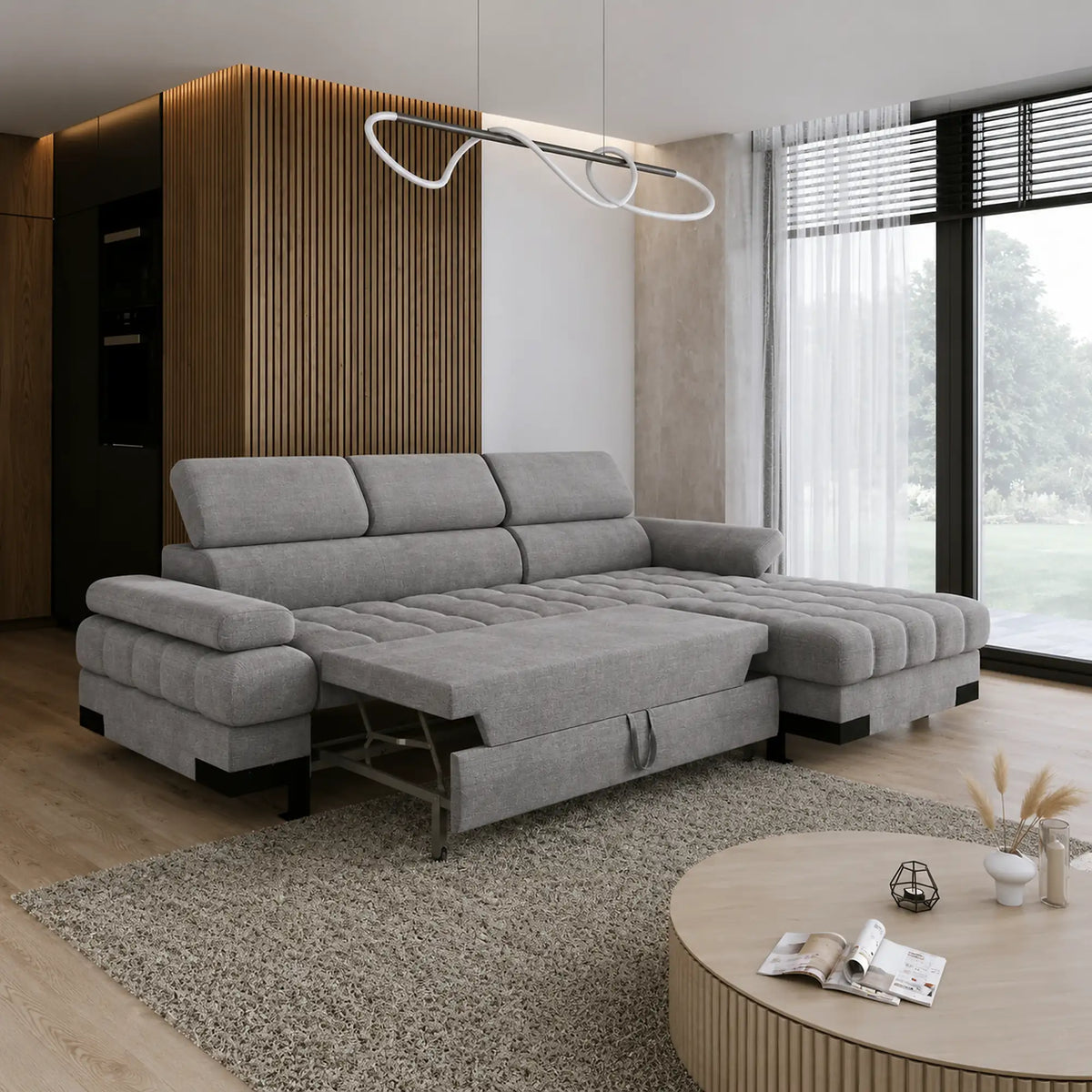 Coltar extensibil cu lada SELVA MINI, sezlong dreapta, stofa catifelata gri - Palladium 15, tetiere reglabile, 270x173x95 cm