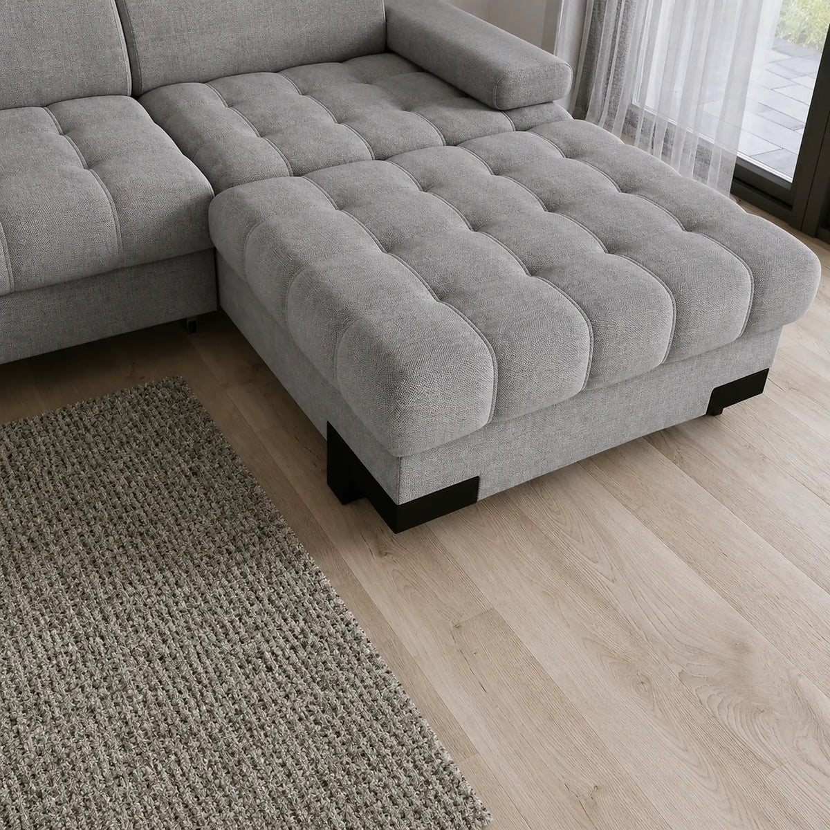 Coltar extensibil cu lada SELVA MINI, sezlong dreapta, stofa catifelata gri - Palladium 15, tetiere reglabile, 270x173x95 cm