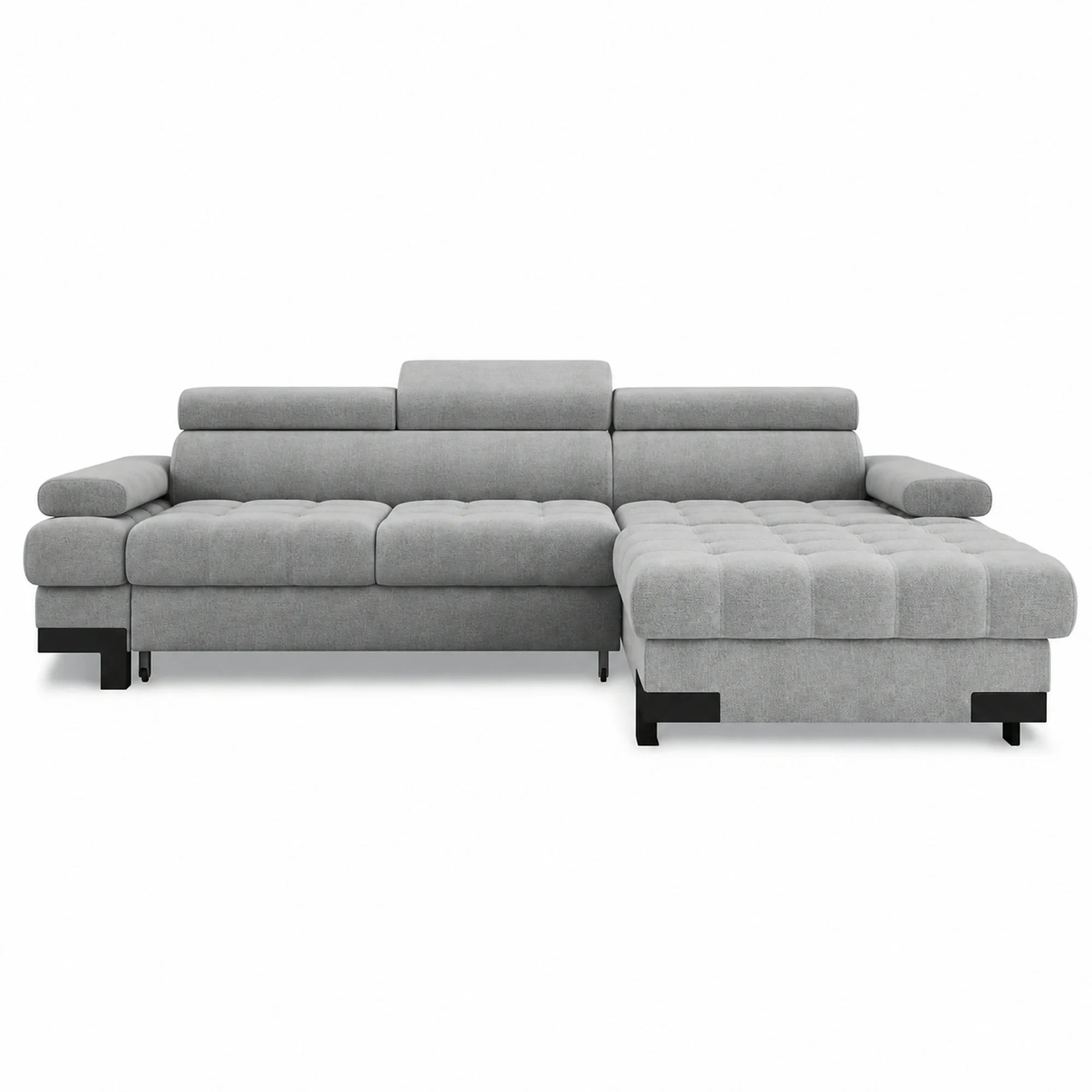 Coltar extensibil cu lada SELVA MINI, sezlong dreapta, stofa catifelata gri - Palladium 15, tetiere reglabile, 270x173x95 cm