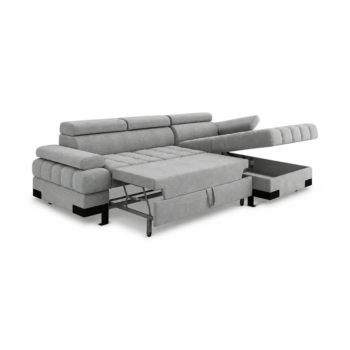 Coltar extensibil cu lada SELVA MINI, sezlong dreapta, stofa catifelata gri - Palladium 15, tetiere reglabile, 270x173x95 cm