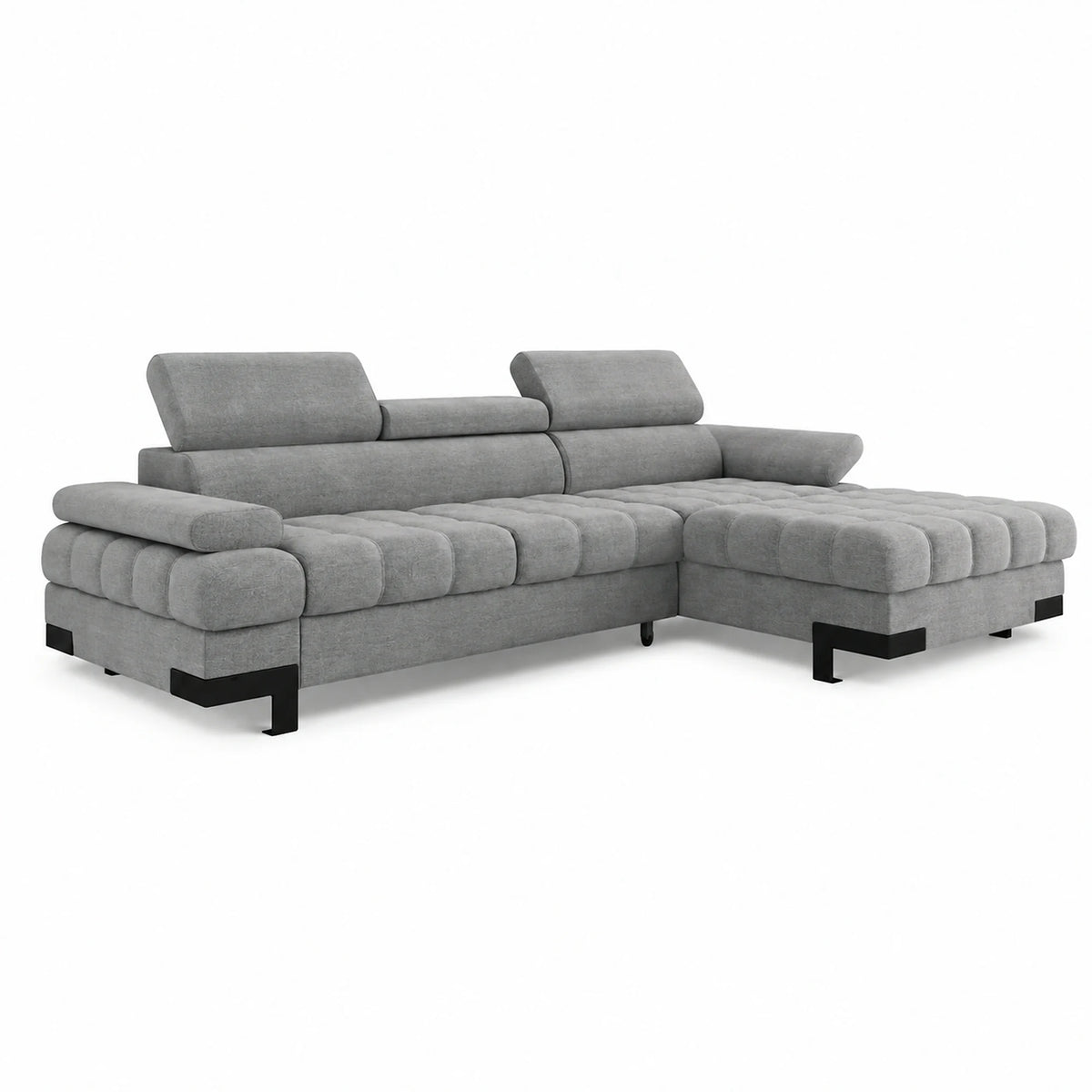 Coltar extensibil cu lada SELVA MINI, sezlong dreapta, stofa catifelata gri - Palladium 15, tetiere reglabile, 270x173x95 cm