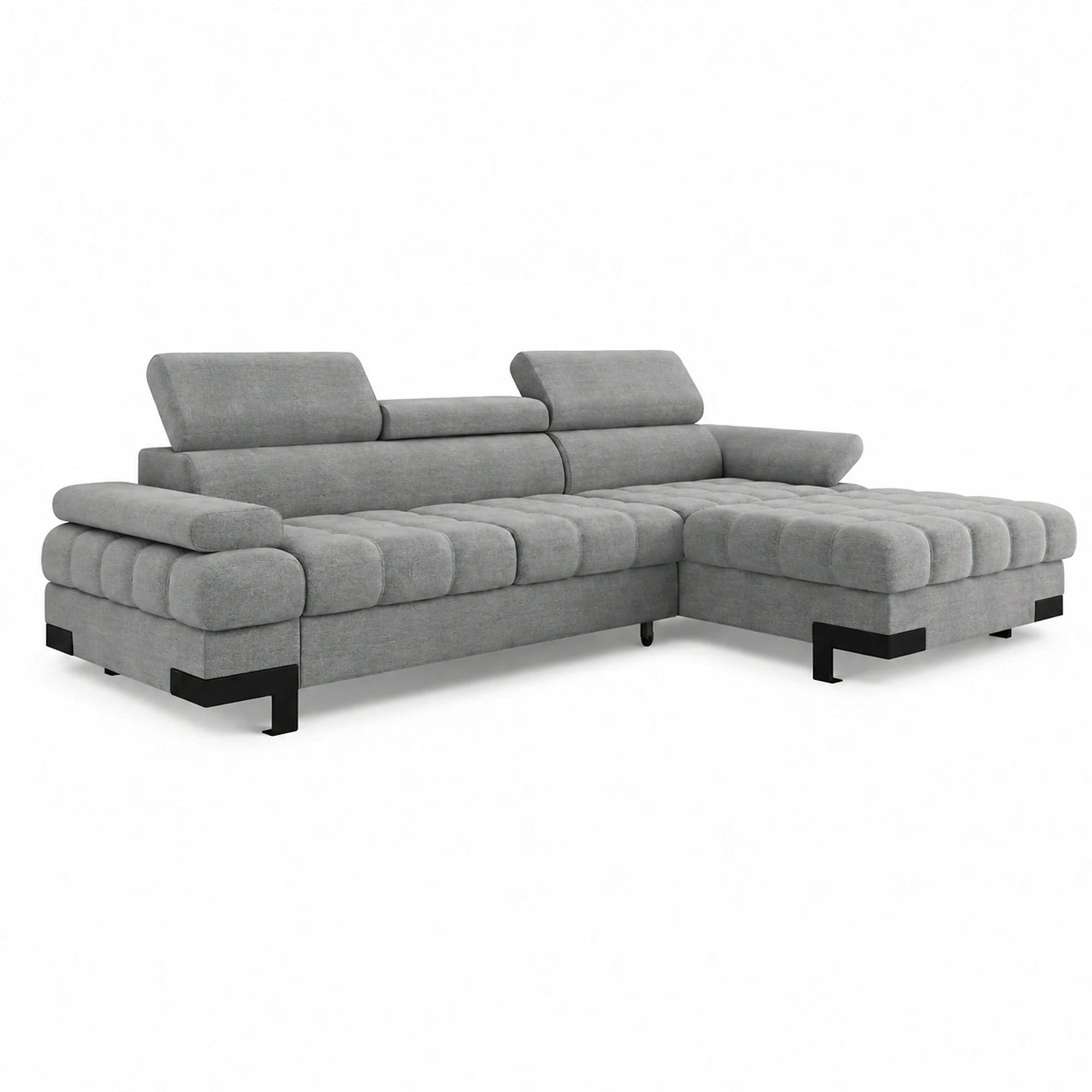 Coltar extensibil cu lada SELVA MINI, sezlong dreapta, stofa catifelata gri - Palladium 15, tetiere reglabile, 270x173x95 cm