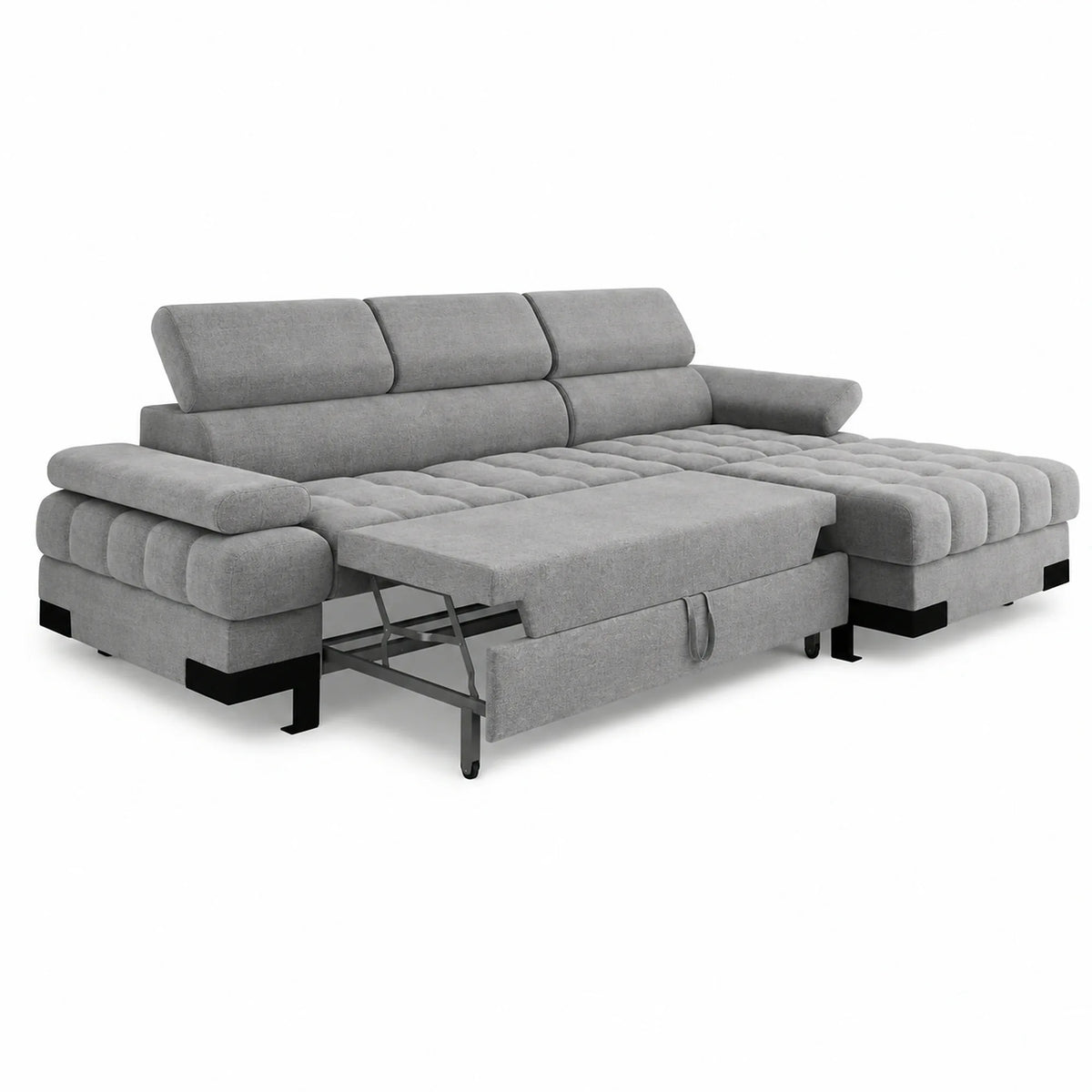 Coltar extensibil cu lada SELVA MINI, sezlong dreapta, stofa catifelata gri - Palladium 15, tetiere reglabile, 270x173x95 cm