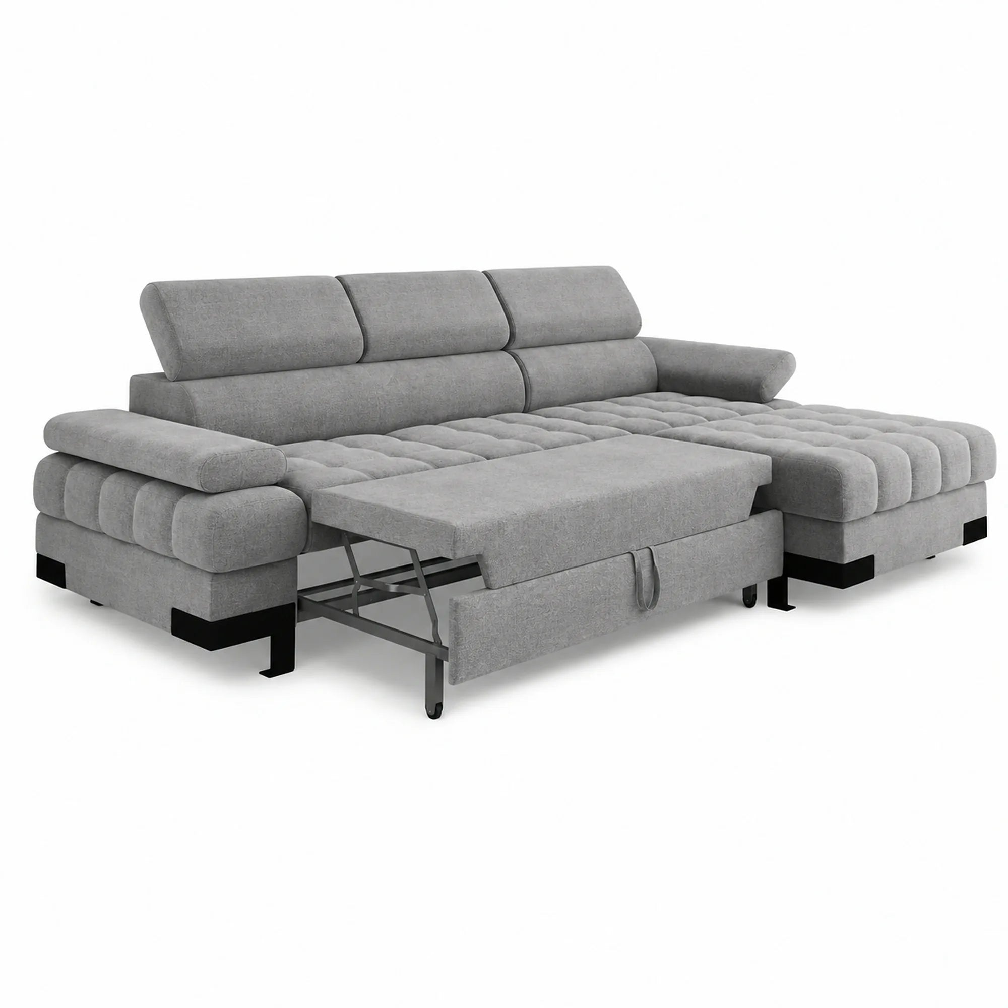 Coltar extensibil cu lada SELVA MINI, sezlong dreapta, stofa catifelata gri - Palladium 15, tetiere reglabile, 270x173x95 cm
