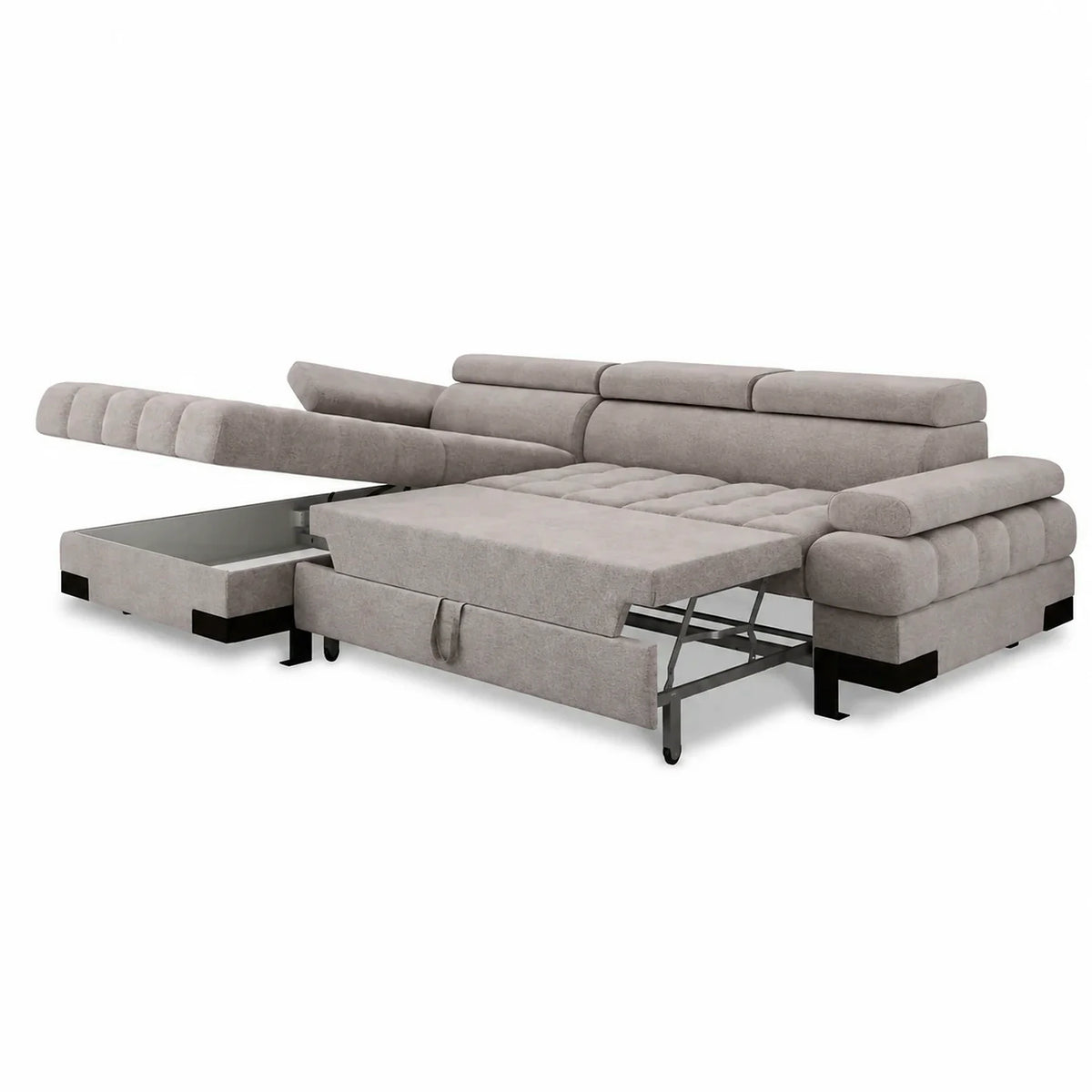 Coltar extensibil cu lada SELVA MINI, sezlong stanga, stofa catifelata bej - Whisper 3, cu tetiere reglabile, 270x173x95 cm