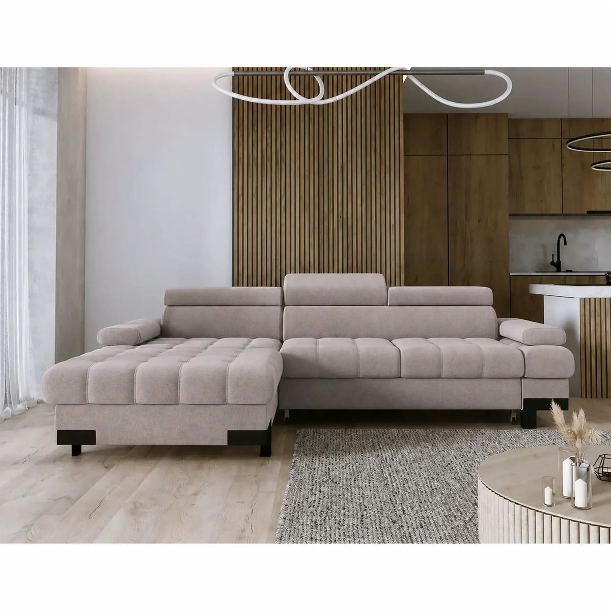 Coltar extensibil cu lada SELVA MINI, sezlong stanga, stofa catifelata bej - Whisper 3, cu tetiere reglabile, 270x173x95 cm