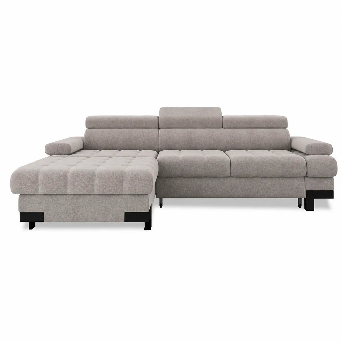 Coltar extensibil cu lada SELVA MINI, sezlong stanga, stofa catifelata bej - Whisper 3, cu tetiere reglabile, 270x173x95 cm