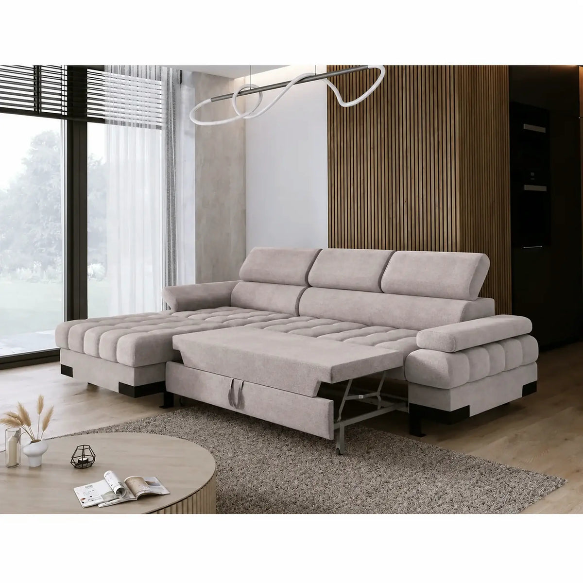 Coltar extensibil cu lada SELVA MINI, sezlong stanga, stofa catifelata bej - Whisper 3, cu tetiere reglabile, 270x173x95 cm