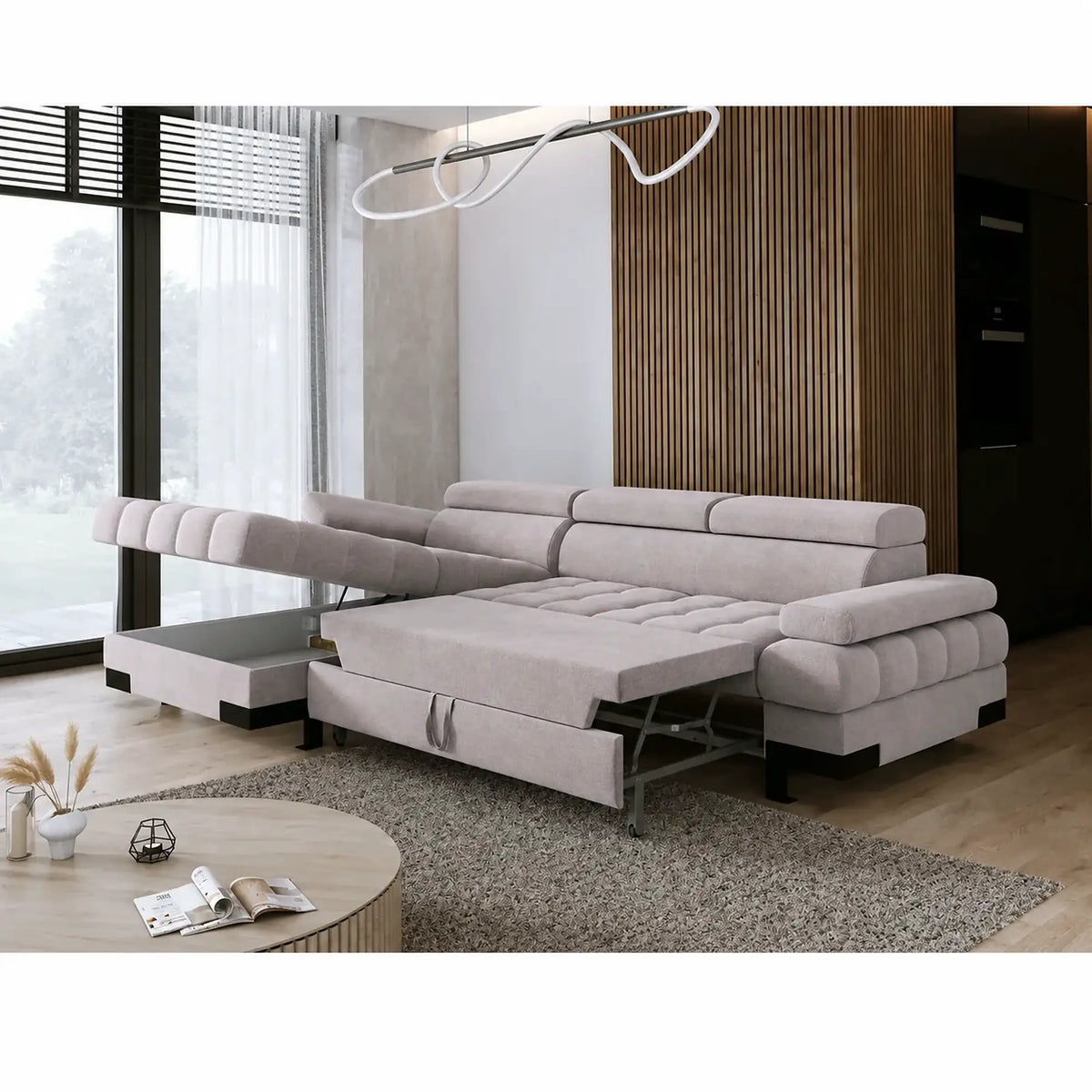 Coltar extensibil cu lada SELVA MINI, sezlong stanga, stofa catifelata bej - Whisper 3, cu tetiere reglabile, 270x173x95 cm