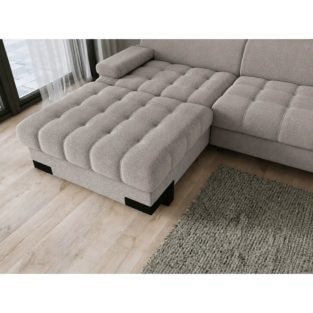 Coltar extensibil cu lada SELVA MINI, sezlong stanga, stofa catifelata bej - Whisper 3, cu tetiere reglabile, 270x173x95 cm