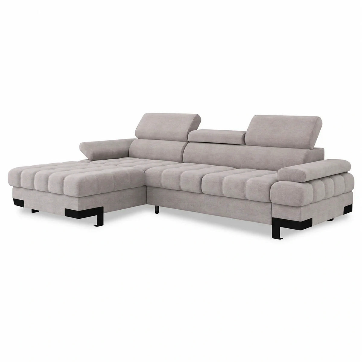Coltar extensibil cu lada SELVA MINI, sezlong stanga, stofa catifelata bej - Whisper 3, cu tetiere reglabile, 270x173x95 cm