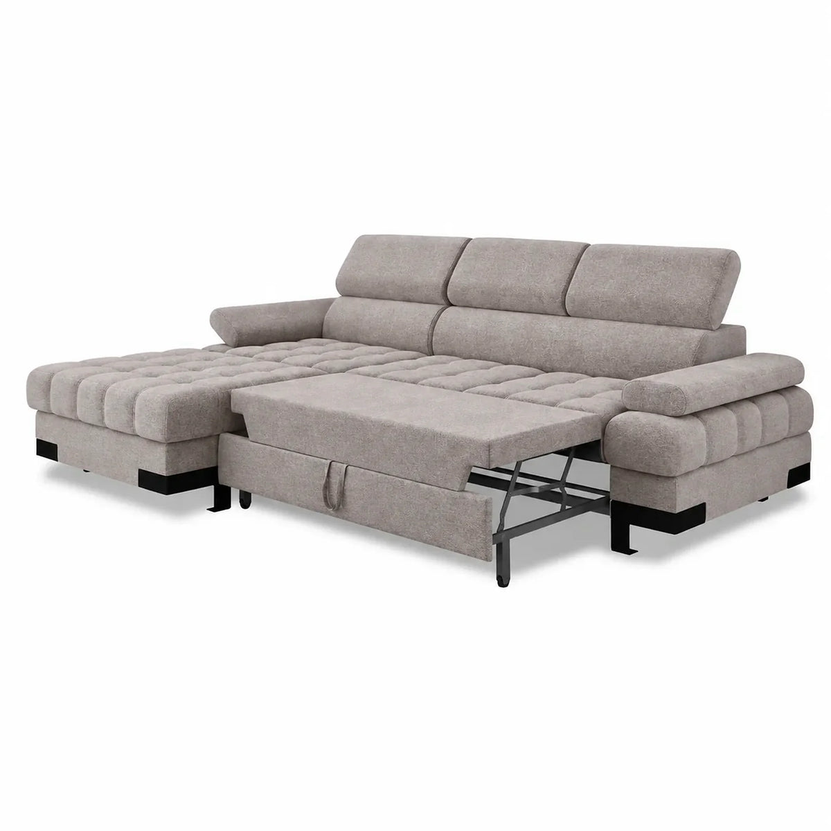 Coltar extensibil cu lada SELVA MINI, sezlong stanga, stofa catifelata bej - Whisper 3, cu tetiere reglabile, 270x173x95 cm