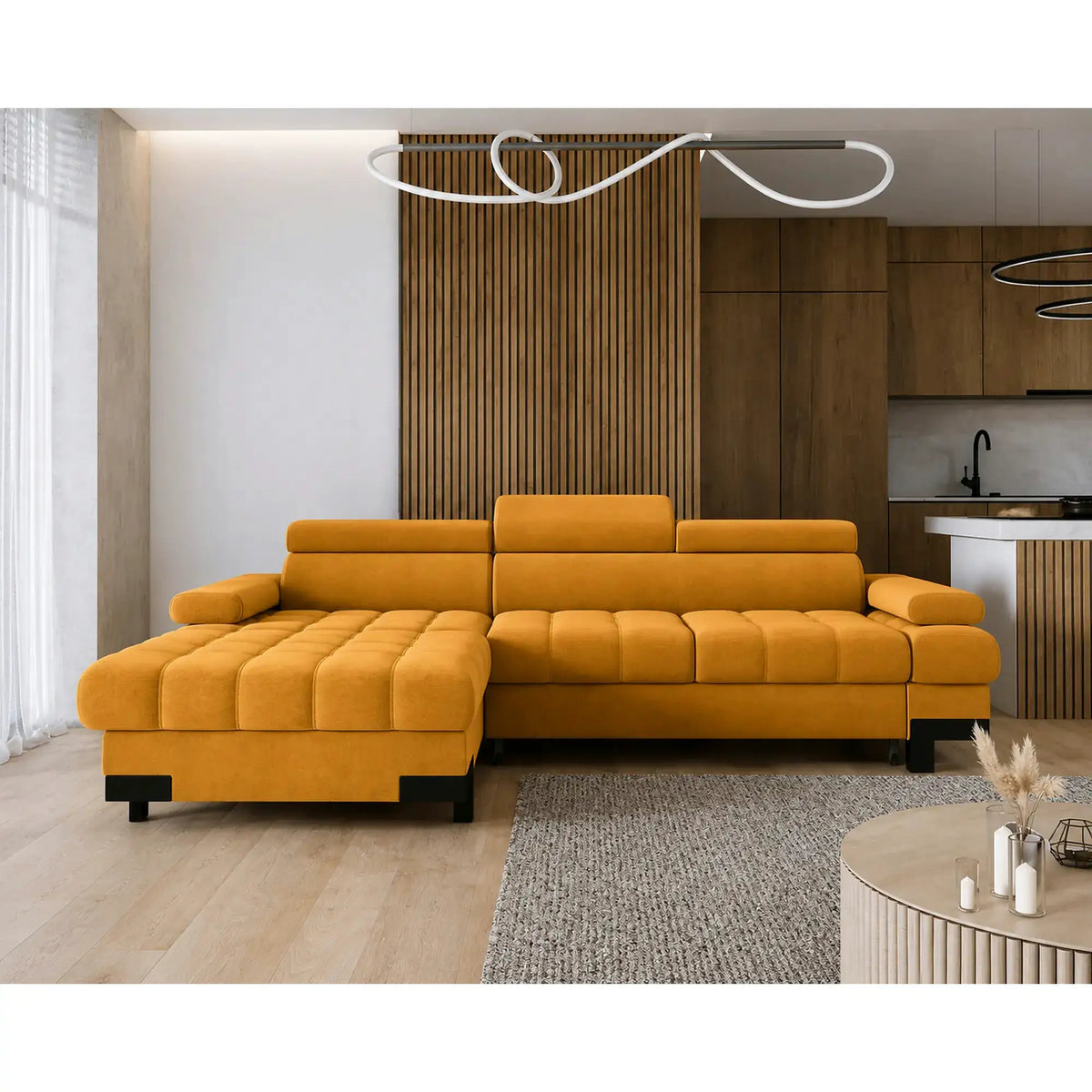 Coltar extensibil cu lada SELVA MINI, sezlong stanga, stofa catifelata galben - Terra 48, 270x173x95 cm