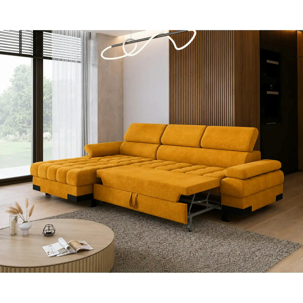 Coltar extensibil cu lada SELVA MINI, sezlong stanga, stofa catifelata galben - Terra 48, 270x173x95 cm