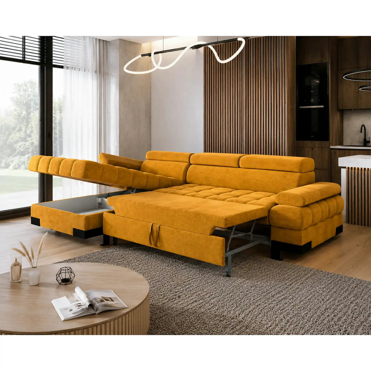 Coltar extensibil cu lada SELVA MINI, sezlong stanga, stofa catifelata galben - Terra 48, 270x173x95 cm