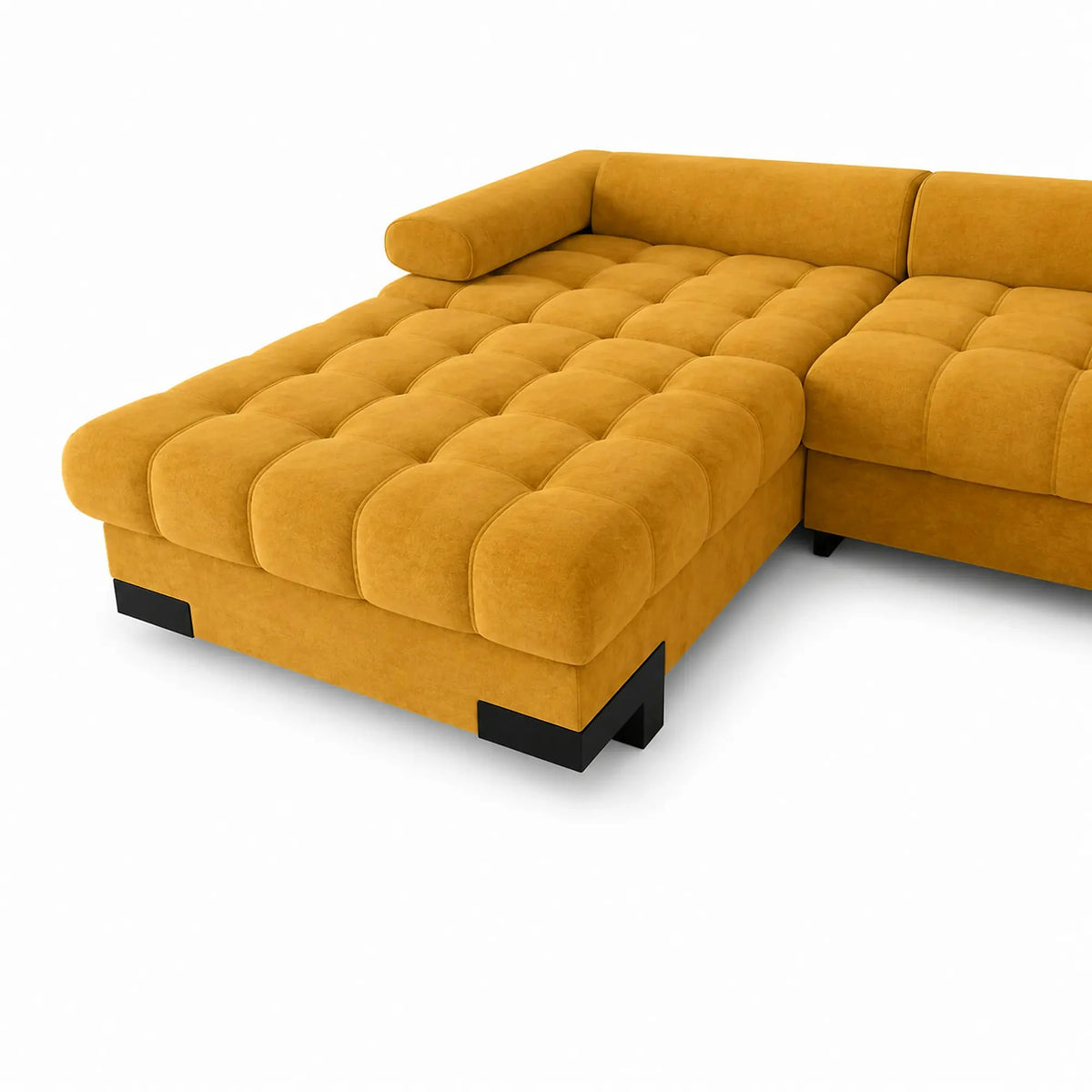 Coltar extensibil cu lada SELVA MINI, sezlong stanga, stofa catifelata galben - Terra 48, 270x173x95 cm