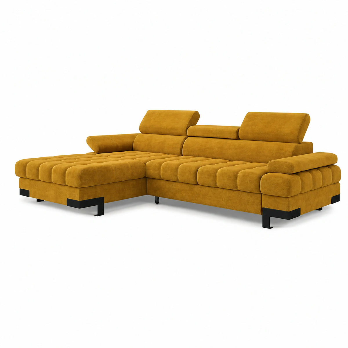 Coltar extensibil cu lada SELVA MINI, sezlong stanga, stofa catifelata galben - Terra 48, 270x173x95 cm
