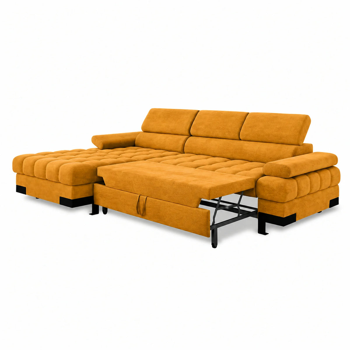 Coltar extensibil cu lada SELVA MINI, sezlong stanga, stofa catifelata galben - Terra 48, 270x173x95 cm