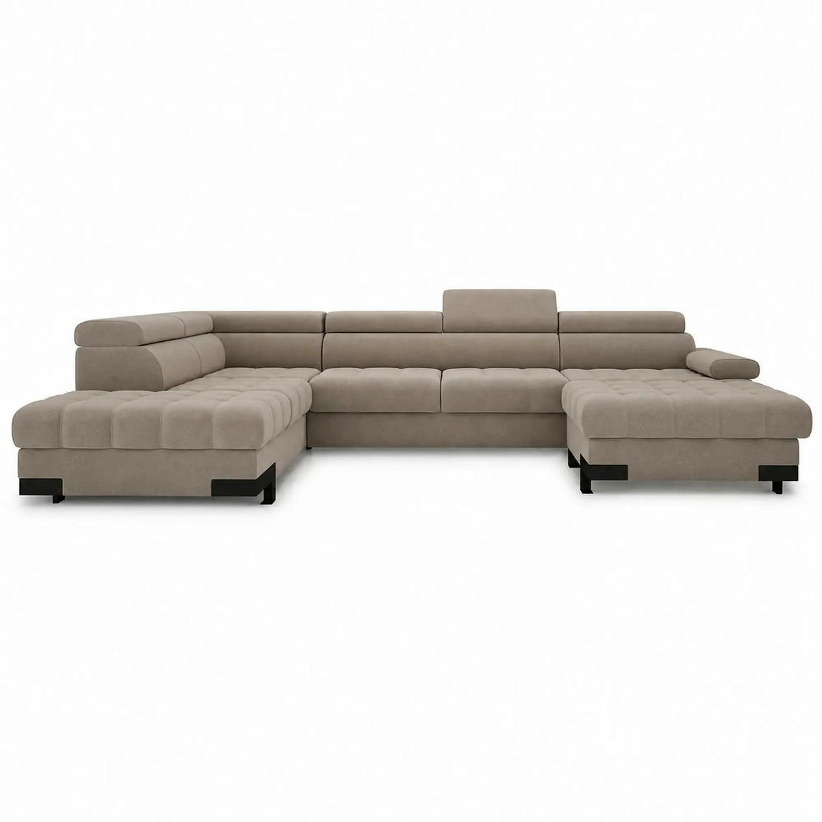 Coltar extensibil cu lada SELVA XL, sezlong stanga, stofa catifelata bej - Riviera 16, tetiere reglabile, 339x223x95 cm