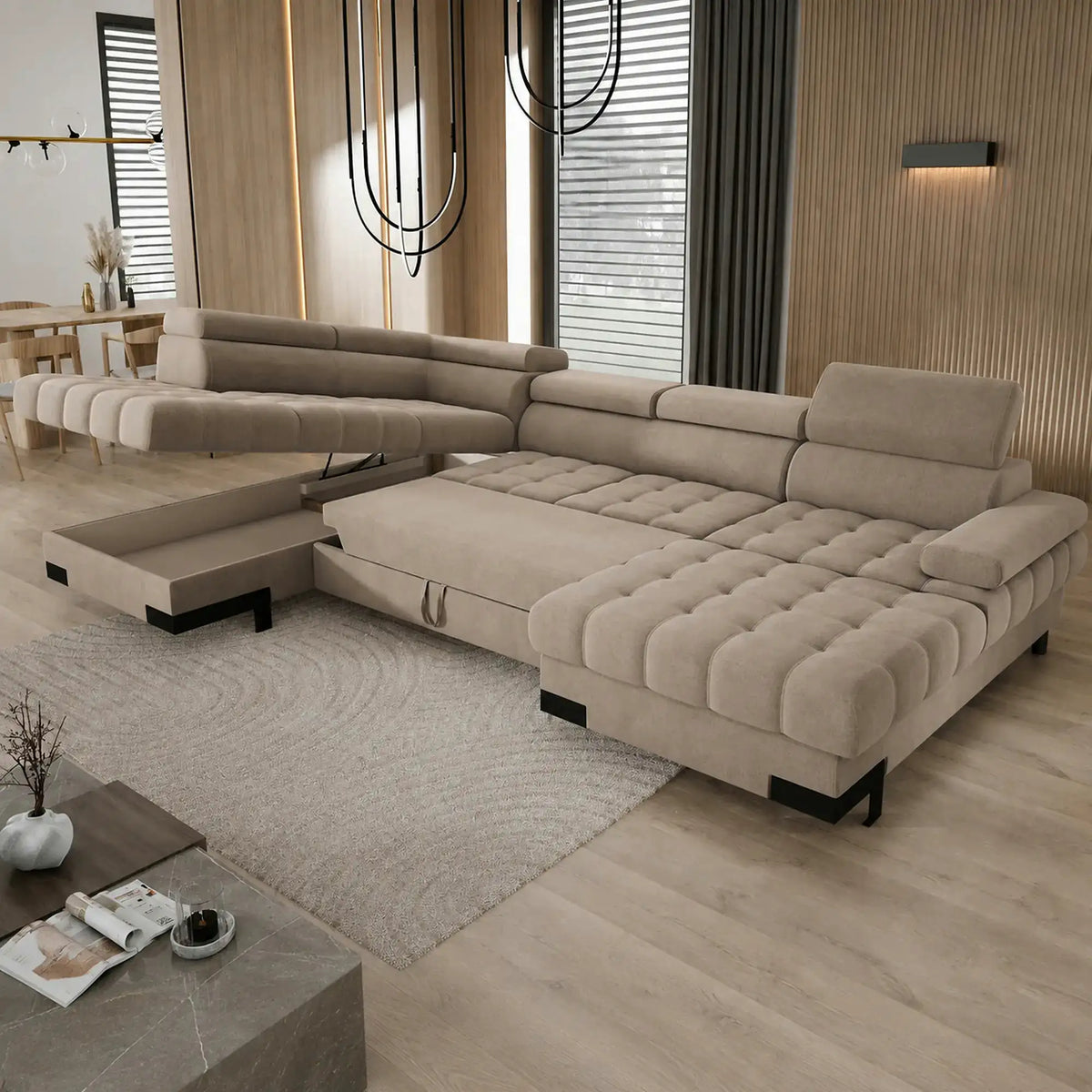Coltar extensibil cu lada SELVA XL, sezlong stanga, stofa catifelata bej - Riviera 16, tetiere reglabile, 339x223x95 cm