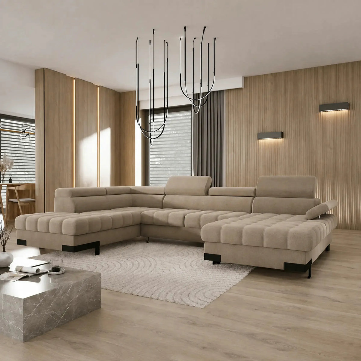 Coltar extensibil cu lada SELVA XL, sezlong stanga, stofa catifelata bej - Riviera 16, tetiere reglabile, 339x223x95 cm