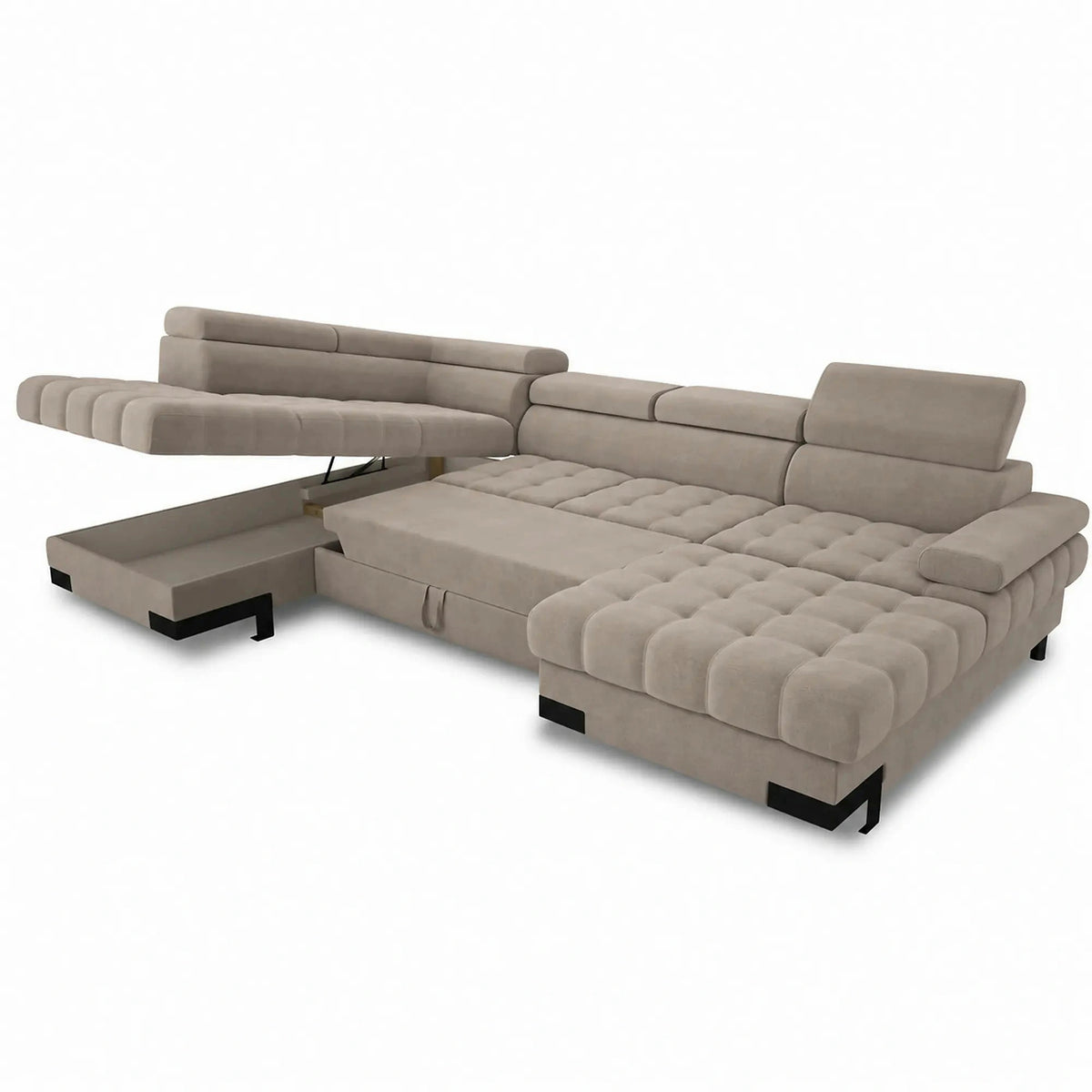 Coltar extensibil cu lada SELVA XL, sezlong stanga, stofa catifelata bej - Riviera 16, tetiere reglabile, 339x223x95 cm