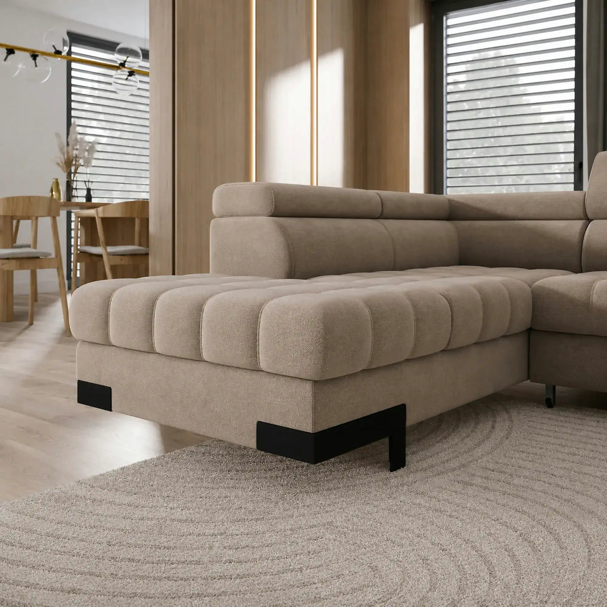 Coltar extensibil cu lada SELVA XL, sezlong stanga, stofa catifelata bej - Riviera 16, tetiere reglabile, 339x223x95 cm
