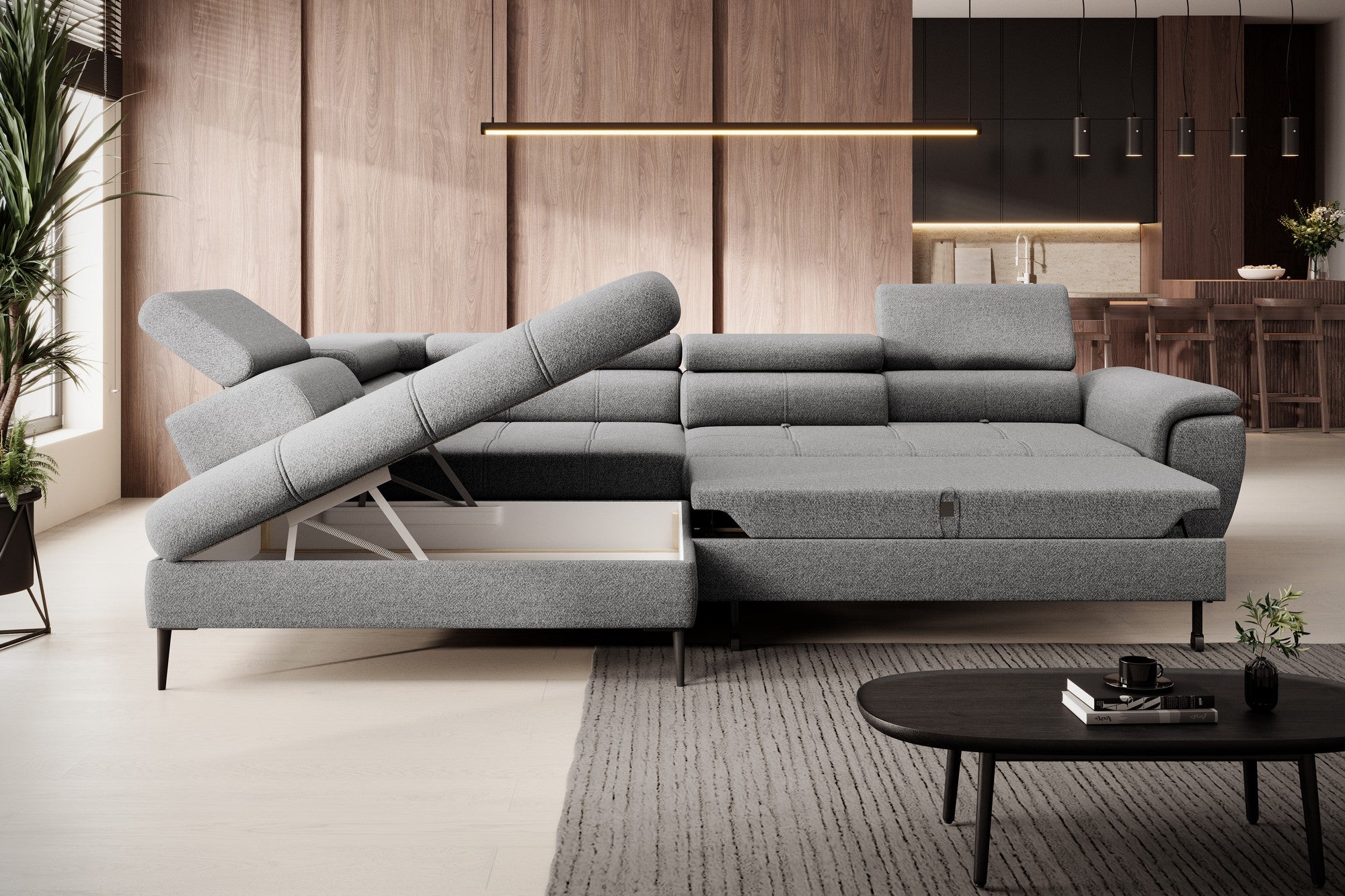 Coltar extensibil DENVER L, personalizabil materiale gama Oferta Avantaj, cu lada depozitare, 288x218x94 cm