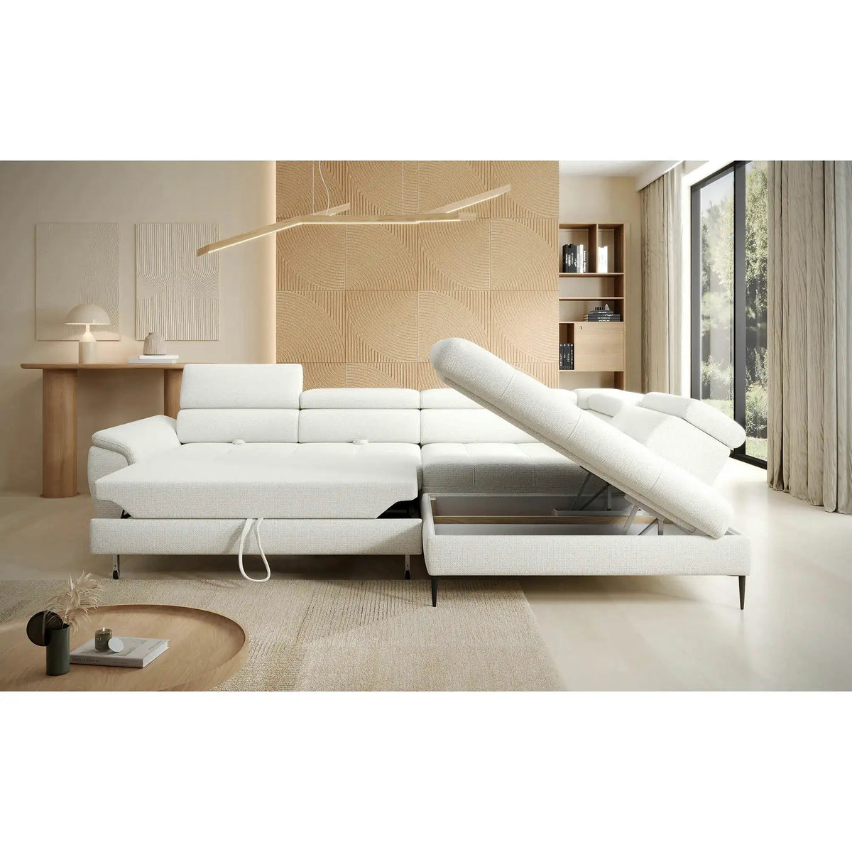 Coltar extensibil EMPOLI L, personalizabil, cu lada depozitare si tetiere reglabile, 289x218x94 cm