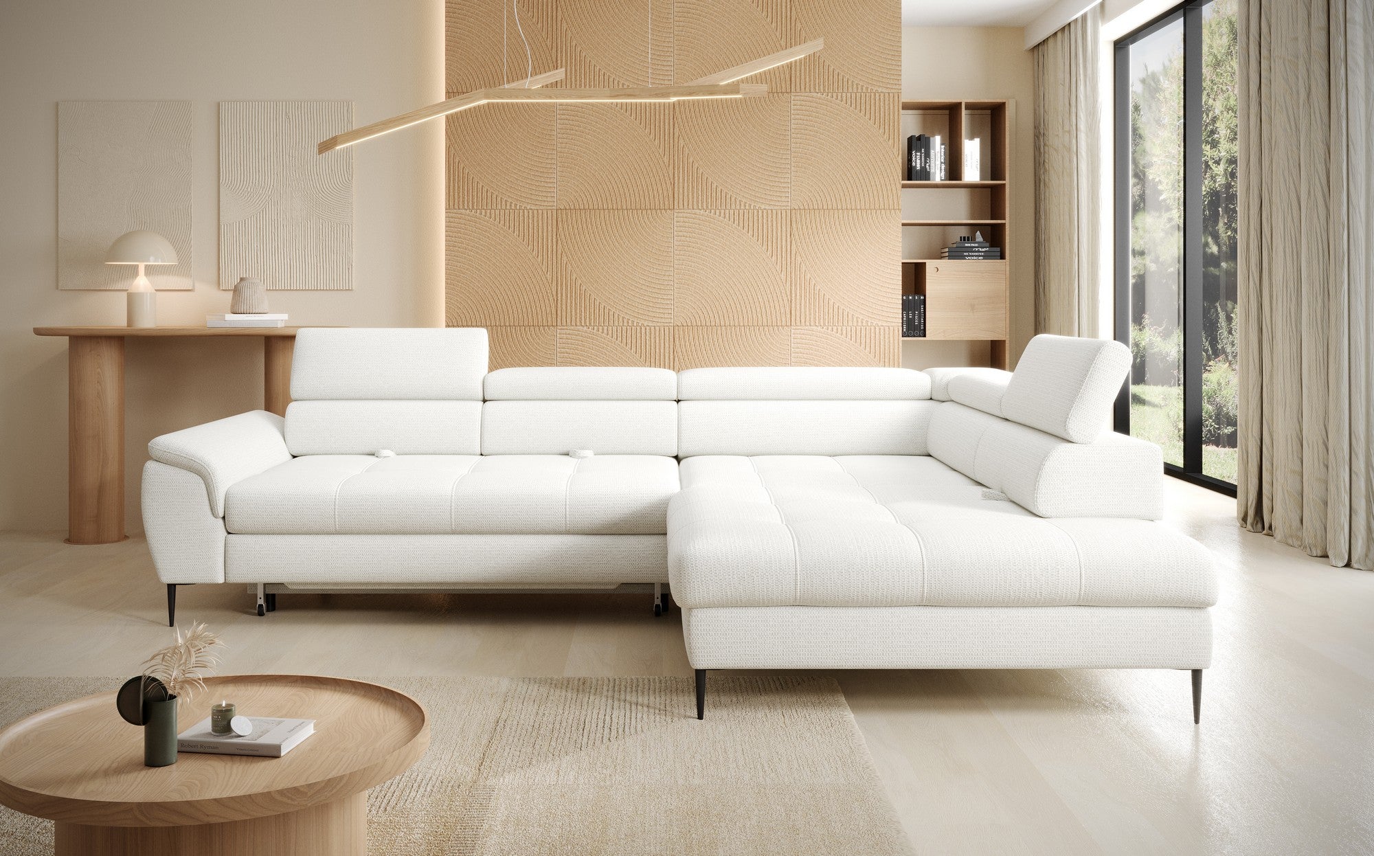 Coltar extensibil EMPOLI L, personalizabil materiale gama Oferta Avantaj, cu lada depozitare si tetiere reglabile, 289x218x94 cm