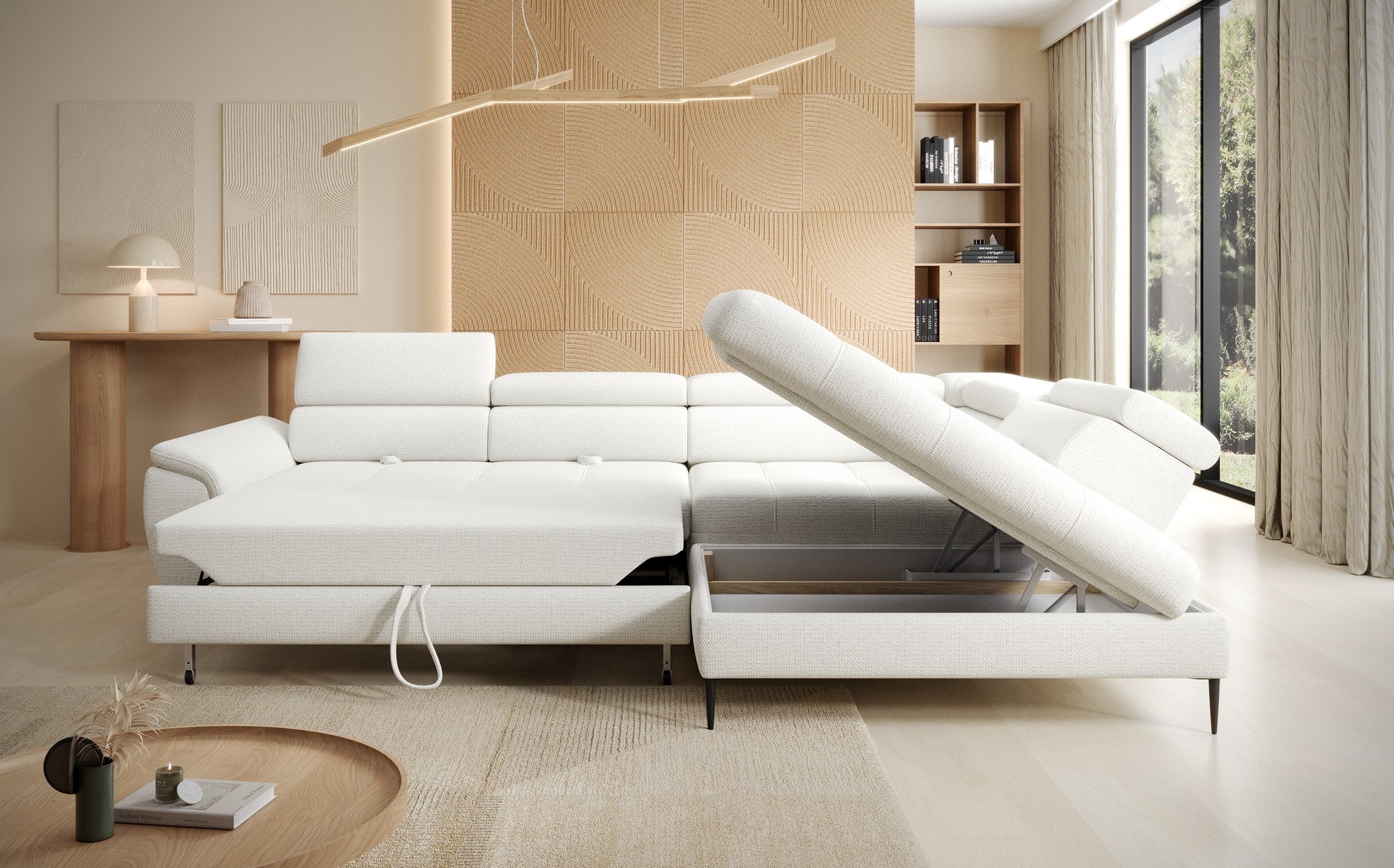 Coltar extensibil EMPOLI L, personalizabil materiale gama Oferta Avantaj, cu lada depozitare si tetiere reglabile, 289x218x94 cm