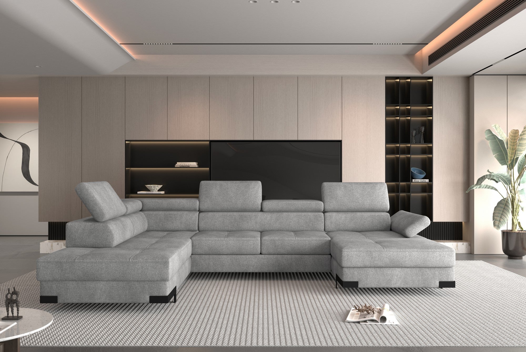 Coltar extensibil EMPOLI XL, personalizabil materiale gama Oferta Avantaj, cu lada depozitare si tetiere reglabile, 380x218x94 cm