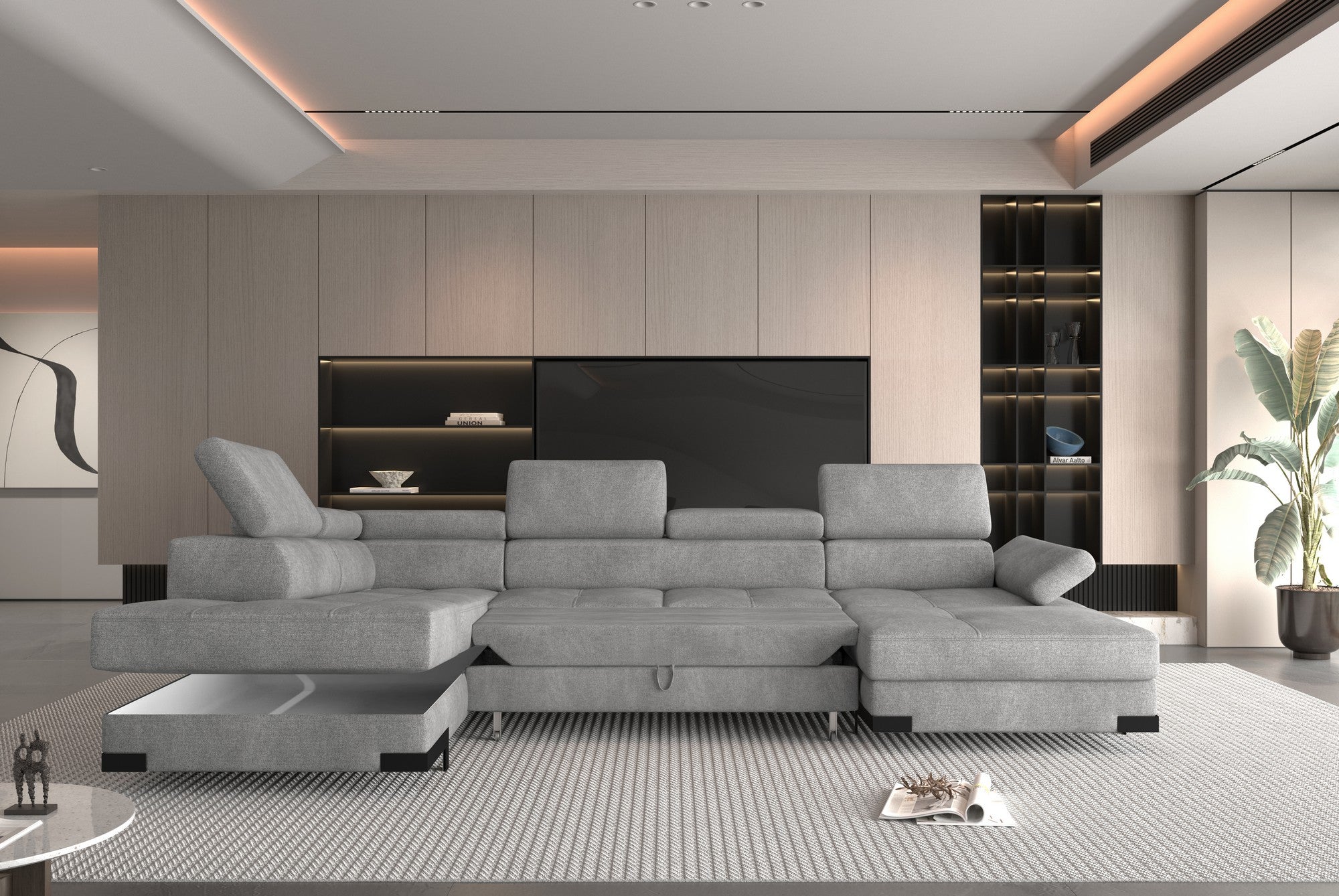 Coltar extensibil EMPOLI XL, personalizabil materiale gama Oferta Avantaj, cu lada depozitare si tetiere reglabile, 380x218x94 cm