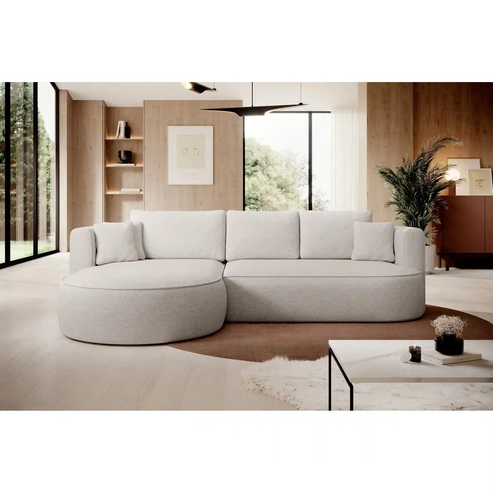 Coltar extensibil FIORE, sezlong dreapta, stofa catifelata crem - Riviera 21, Gama Premium, cu lada depozitare, 284x183x82 cm