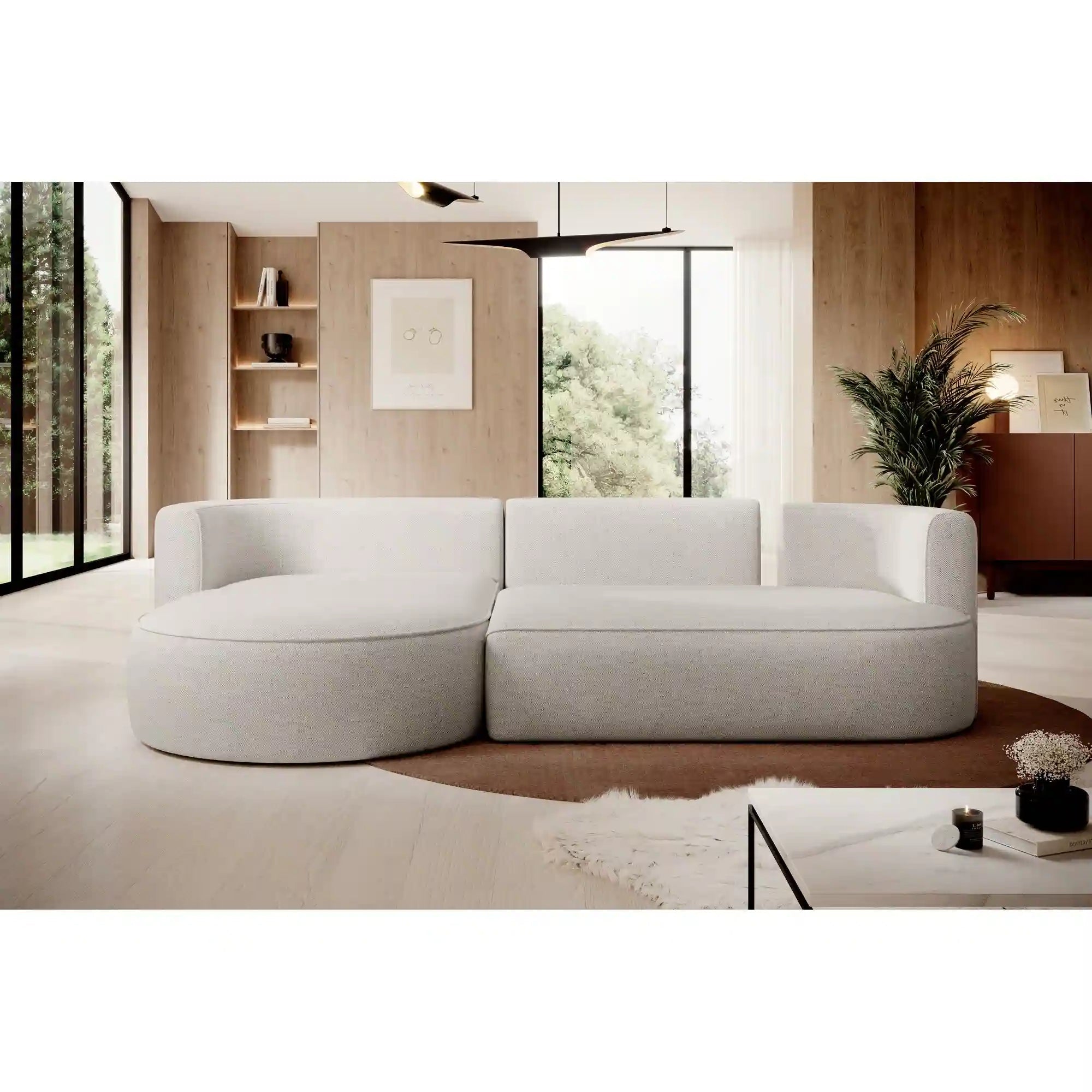 Coltar extensibil FIORE, sezlong dreapta, stofa catifelata crem - Riviera 21, Gama Premium, cu lada depozitare, 284x183x82 cm